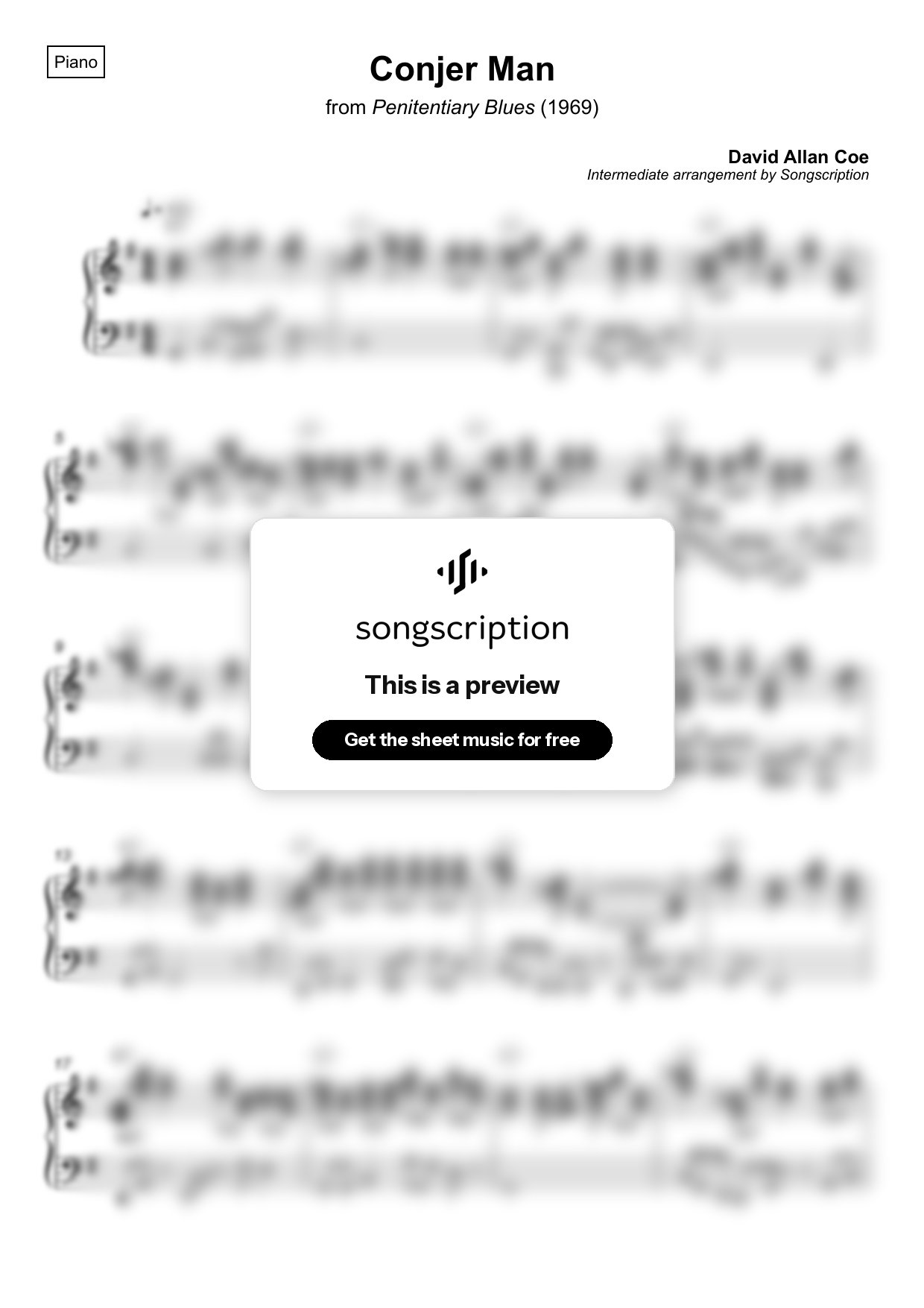 Intermediate Piano Sheet Music for "Conjer Man" by David Allan Coe