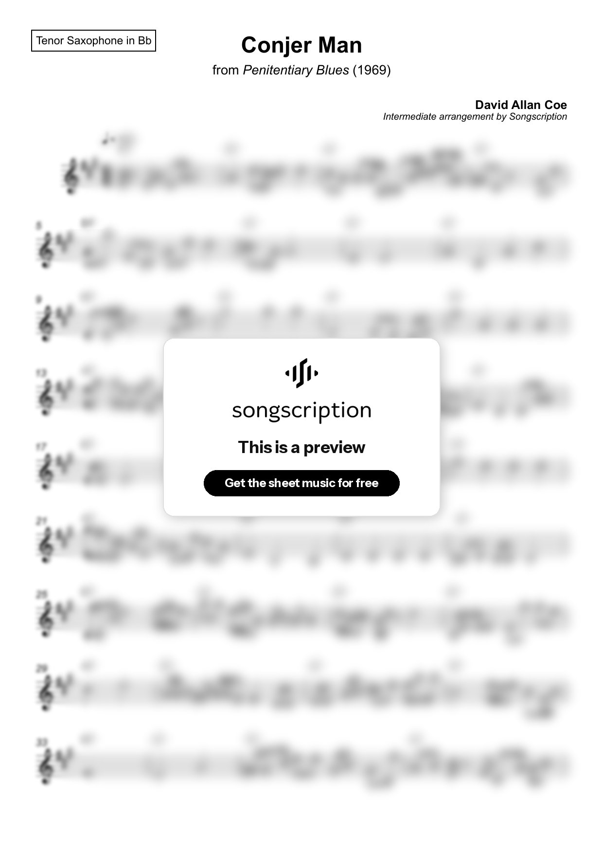 Intermediate Tenor Sax Sheet Music for "Conjer Man" by David Allan Coe