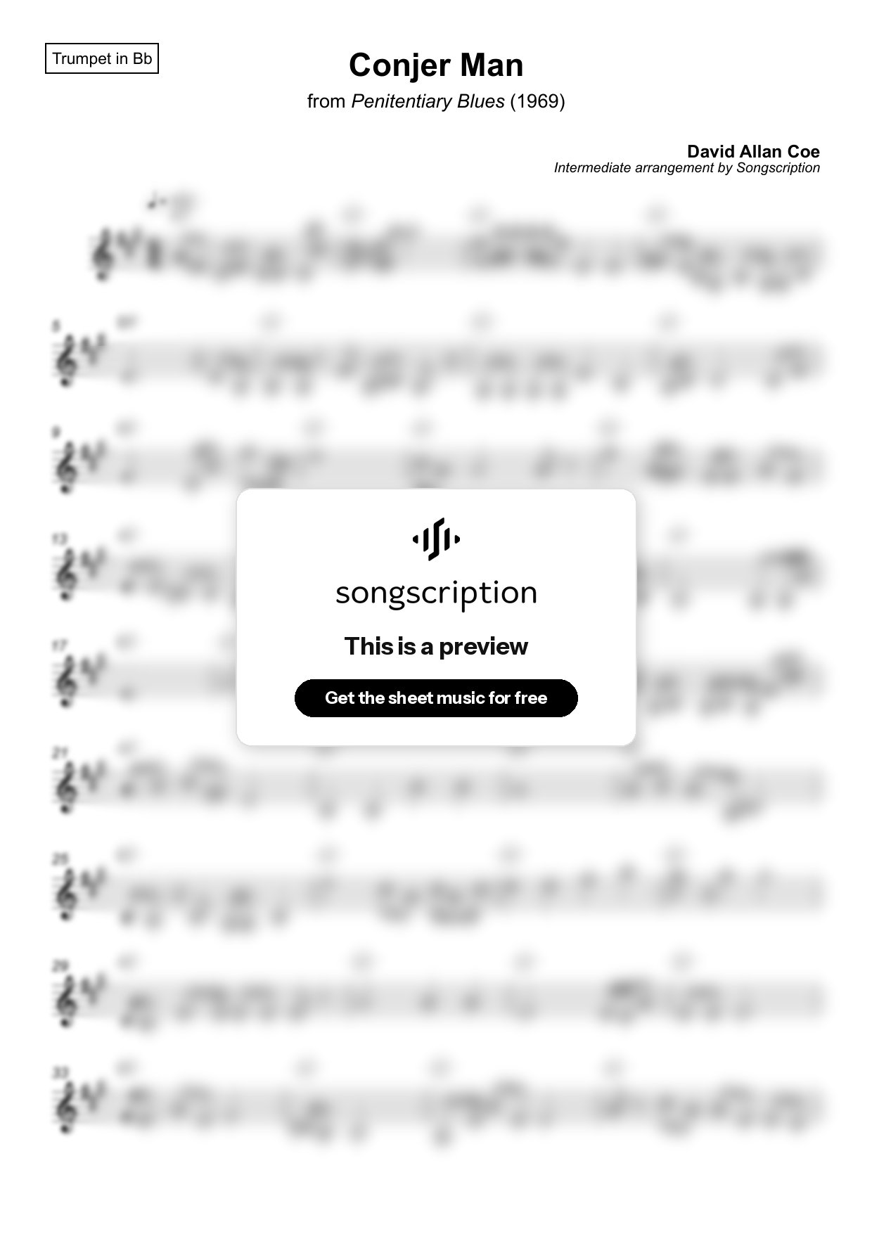 Intermediate Trumpet Sheet Music for "Conjer Man" by David Allan Coe