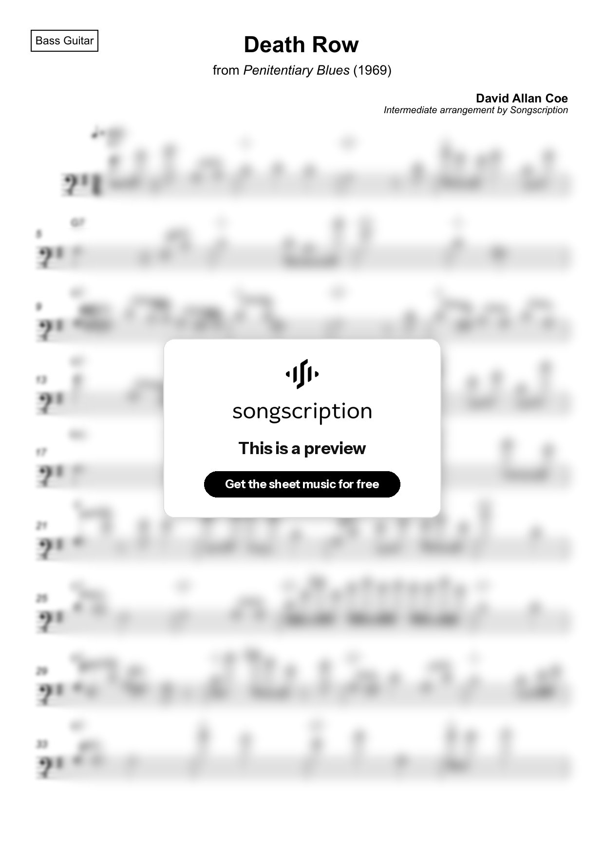 Intermediate Bass Guitar Sheet Music for "Death Row" by David Allan Coe