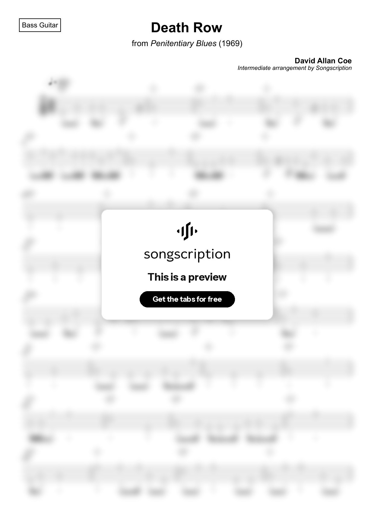 Intermediate Bass Guitar Tabs for "Death Row" by David Allan Coe