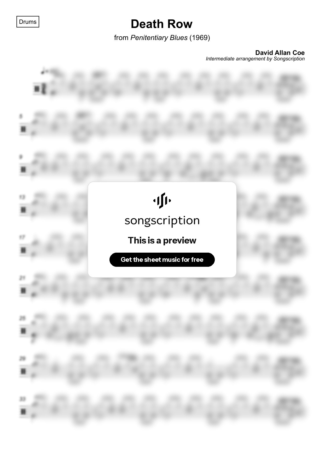 Intermediate Drums Sheet Music for "Death Row" by David Allan Coe