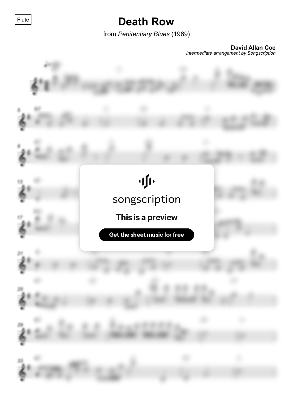 Intermediate Flute Sheet Music for "Death Row" by David Allan Coe