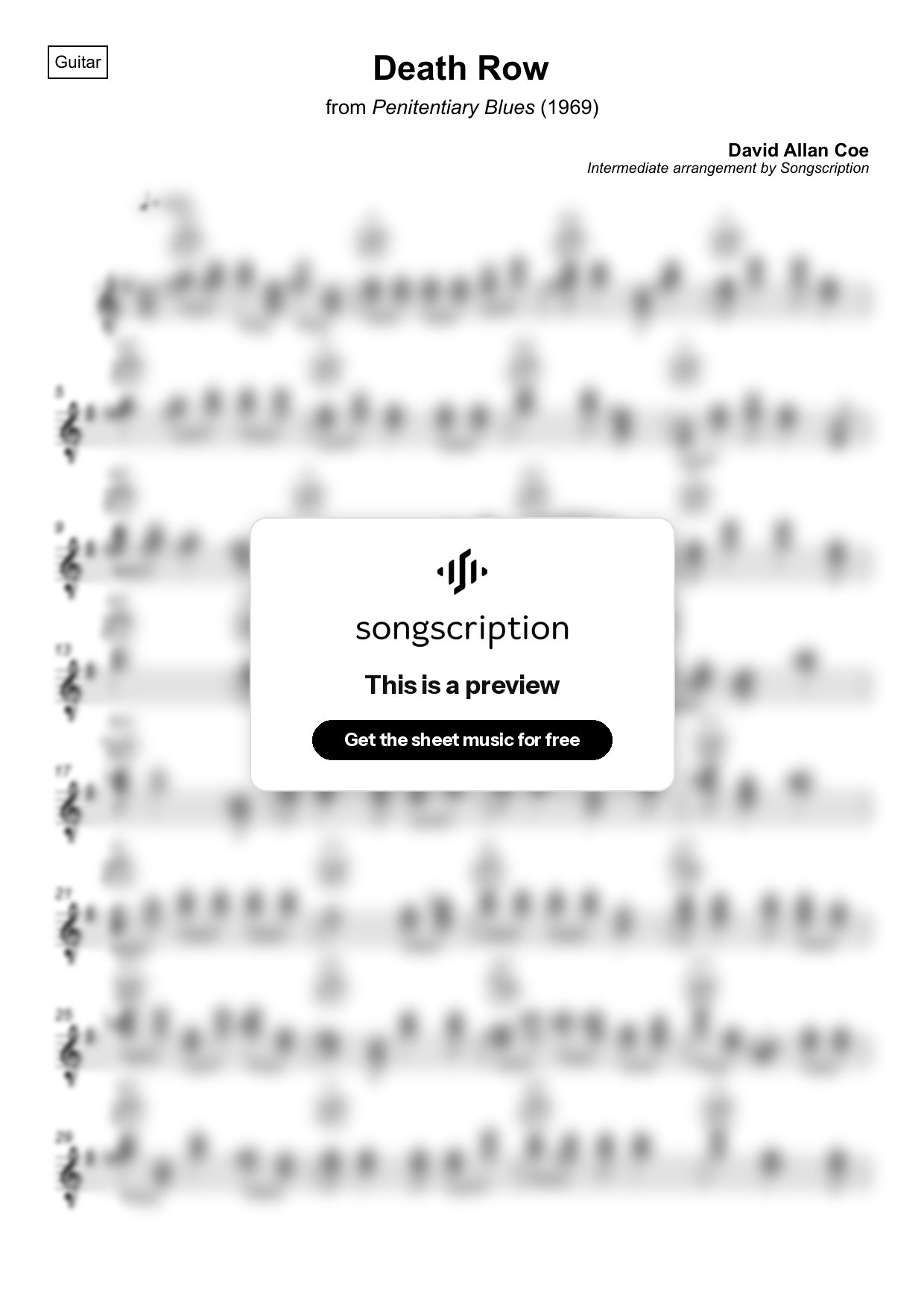 Intermediate Acoustic Guitar Sheet Music for "Death Row" by David Allan Coe