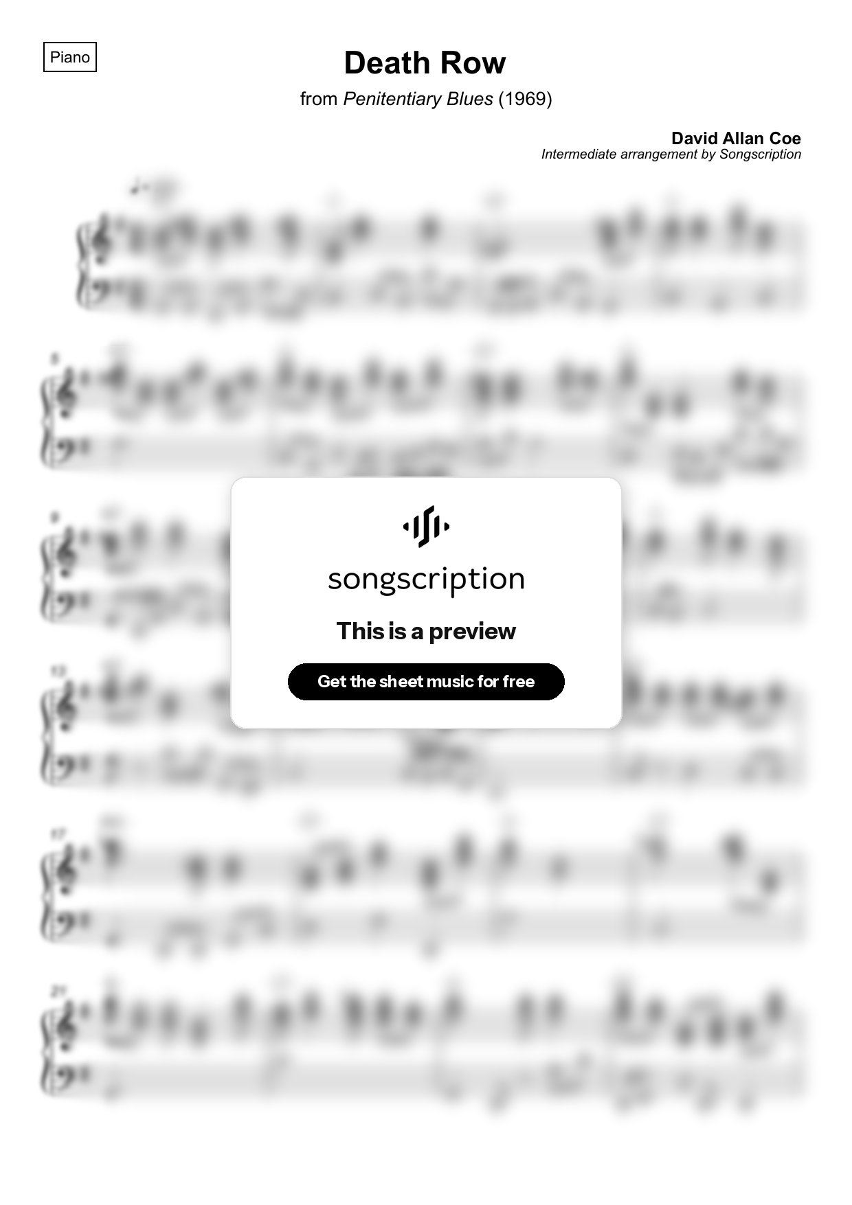 Intermediate Piano Sheet Music for "Death Row" by David Allan Coe