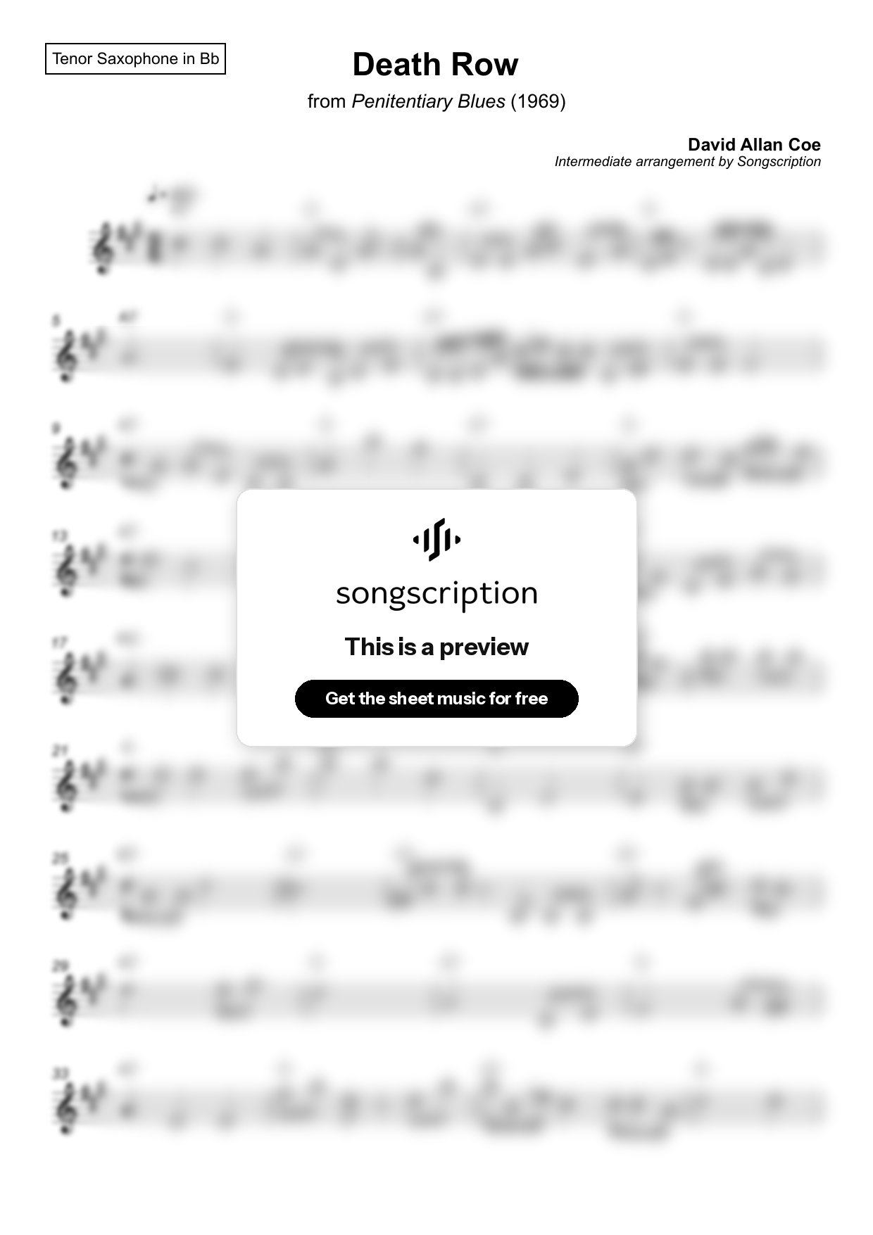 Intermediate Tenor Sax Sheet Music for "Death Row" by David Allan Coe