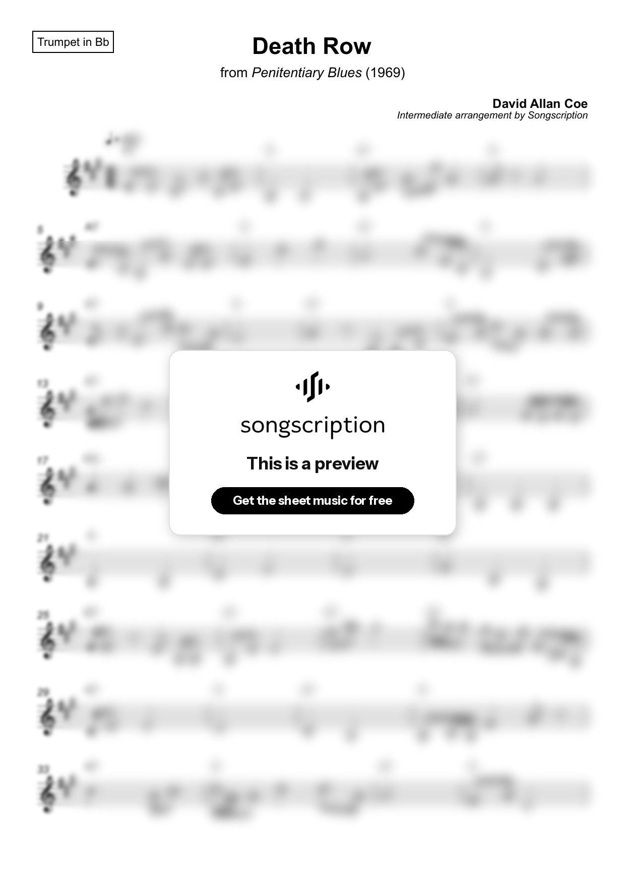 Intermediate Trumpet Sheet Music for "Death Row" by David Allan Coe