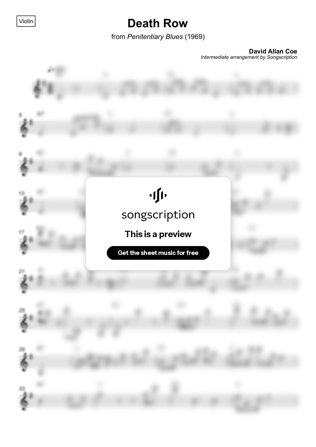 Intermediate Violin Sheet Music for "Death Row" by David Allan Coe