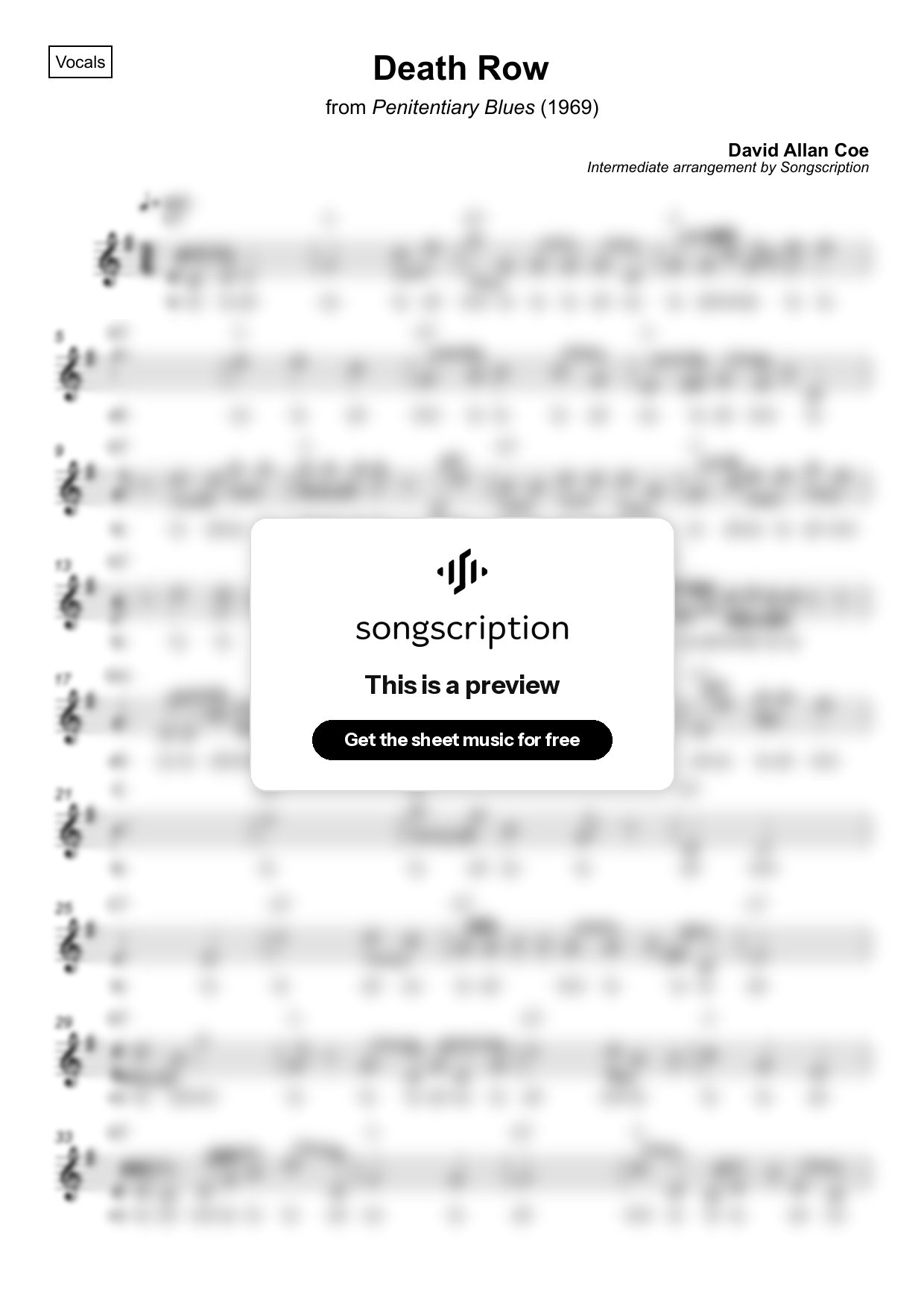 Intermediate Vocals Sheet Music for "Death Row" by David Allan Coe