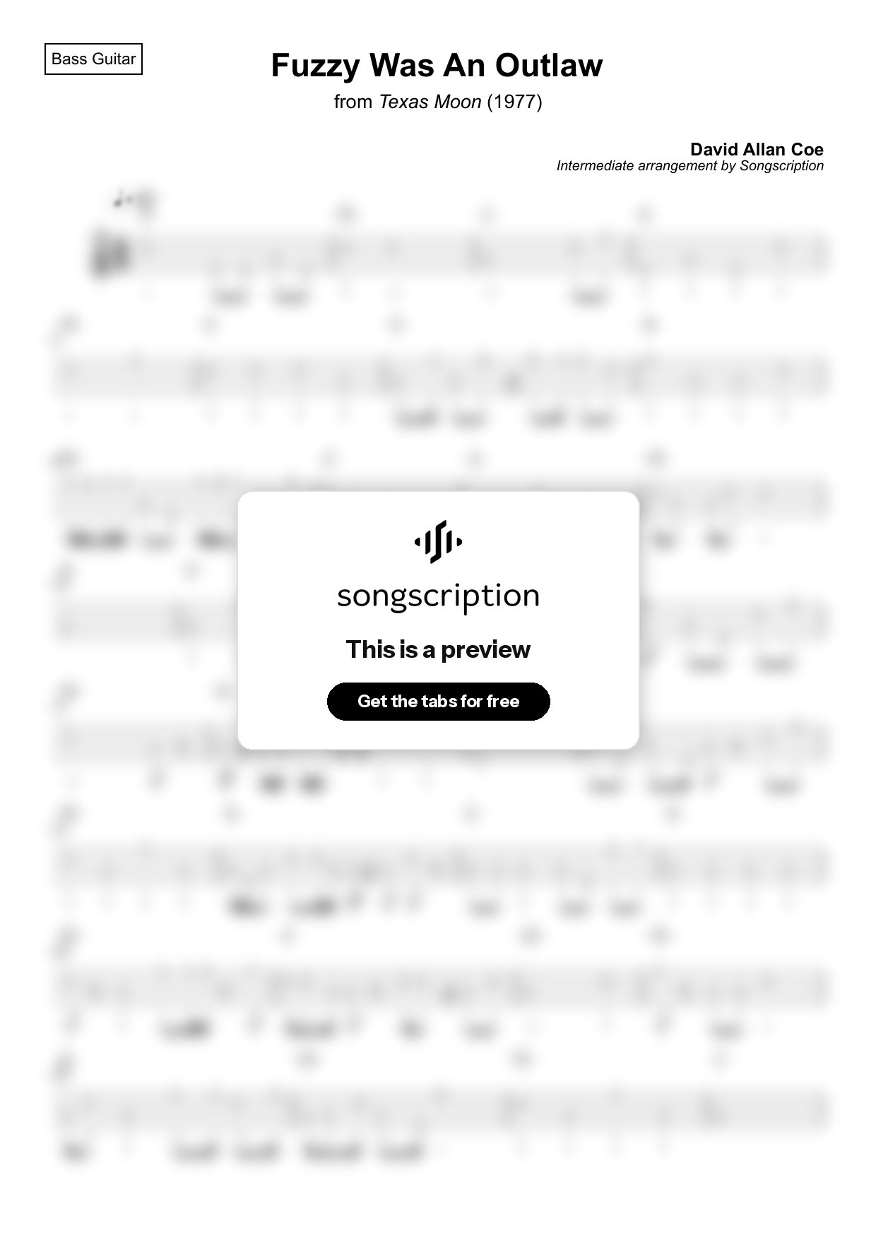Intermediate Bass Guitar Tabs for "Fuzzy Was An Outlaw" by David Allan Coe