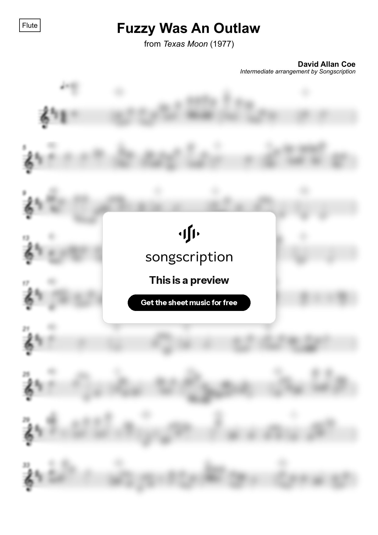 Intermediate Flute Sheet Music for "Fuzzy Was An Outlaw" by David Allan Coe