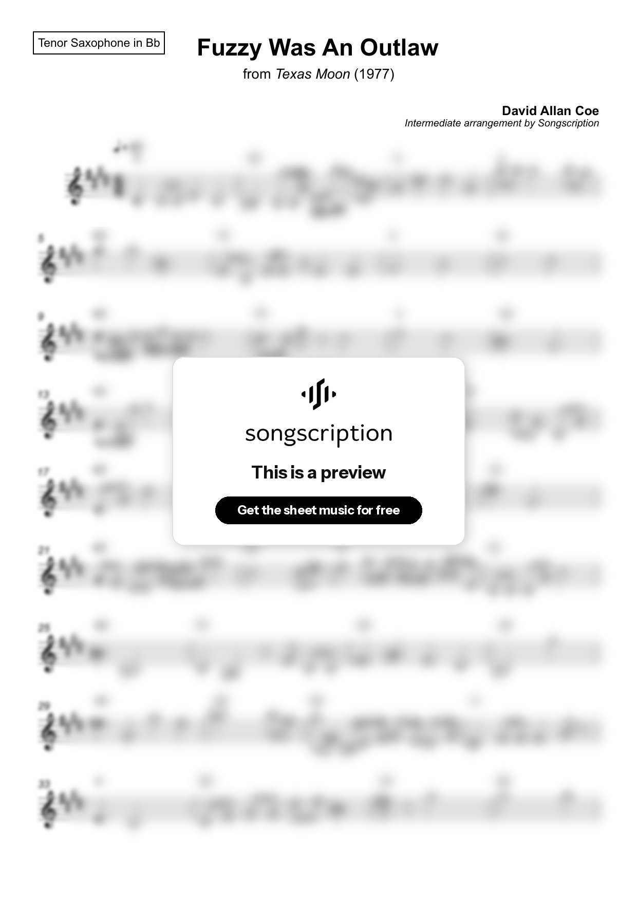 Intermediate Tenor Sax Sheet Music for "Fuzzy Was An Outlaw" by David Allan Coe