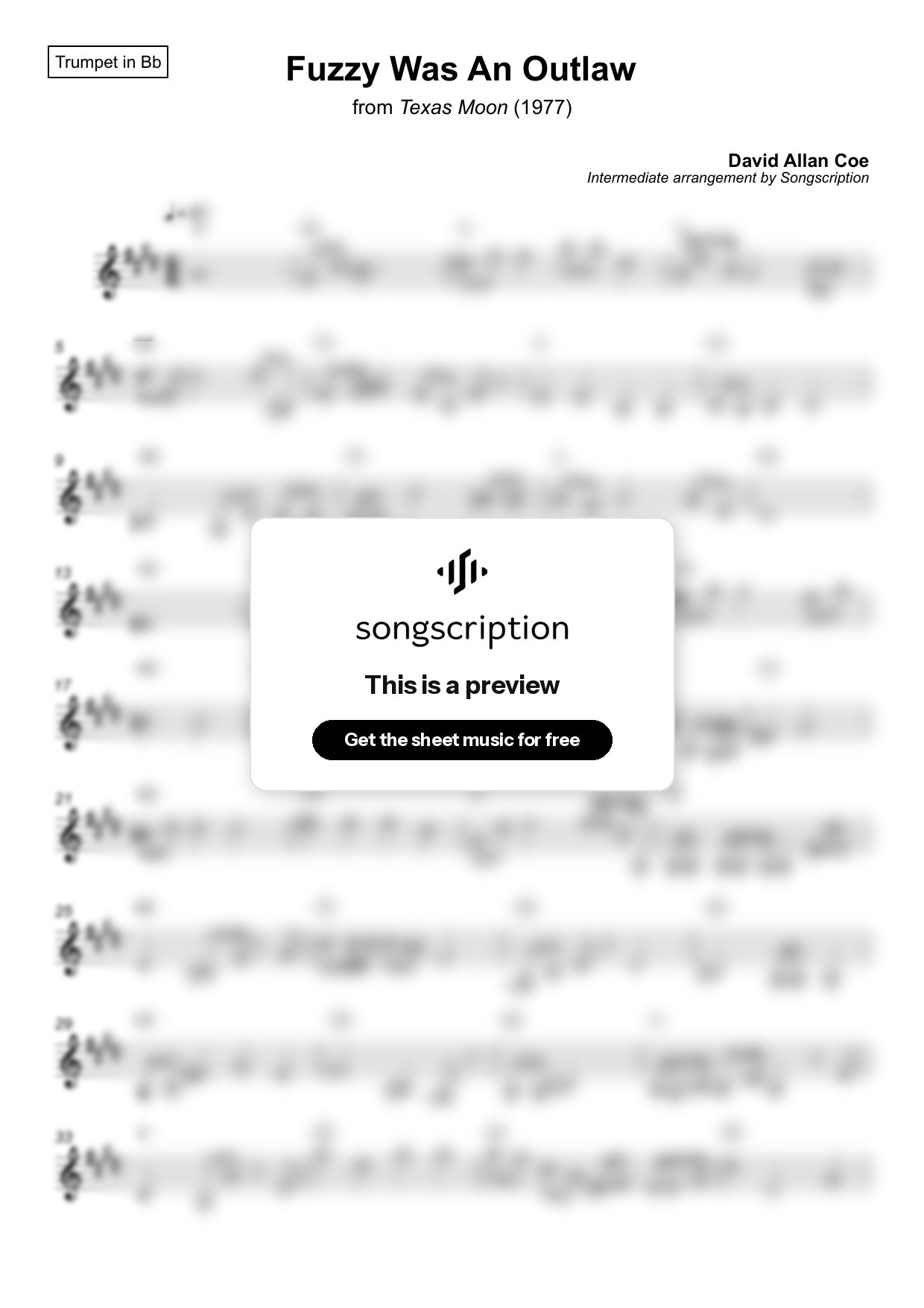 Intermediate Trumpet Sheet Music for "Fuzzy Was An Outlaw" by David Allan Coe