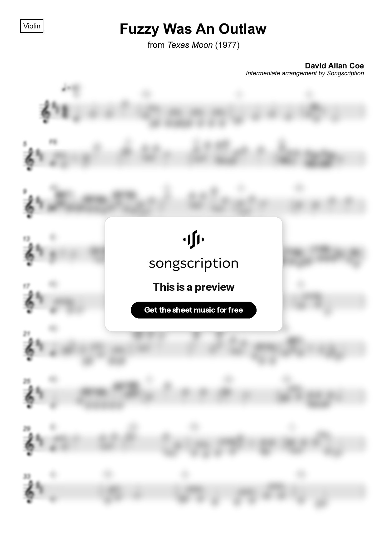 Intermediate Violin Sheet Music for "Fuzzy Was An Outlaw" by David Allan Coe