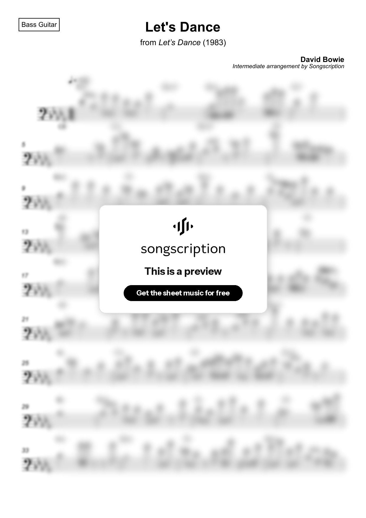 Intermediate Bass Guitar Sheet Music for "Let's Dance" by David Bowie
