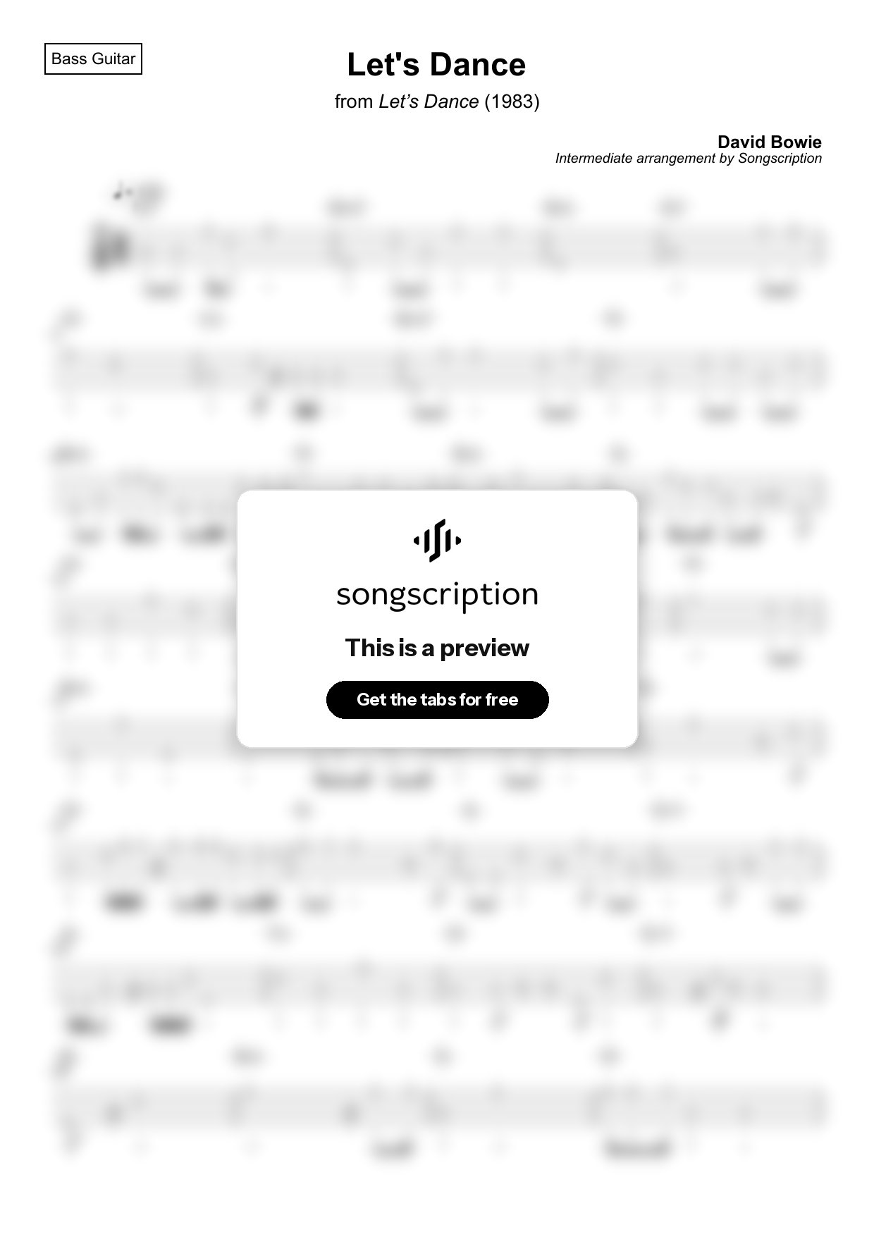 Intermediate Bass Guitar Tabs for "Let's Dance" by David Bowie
