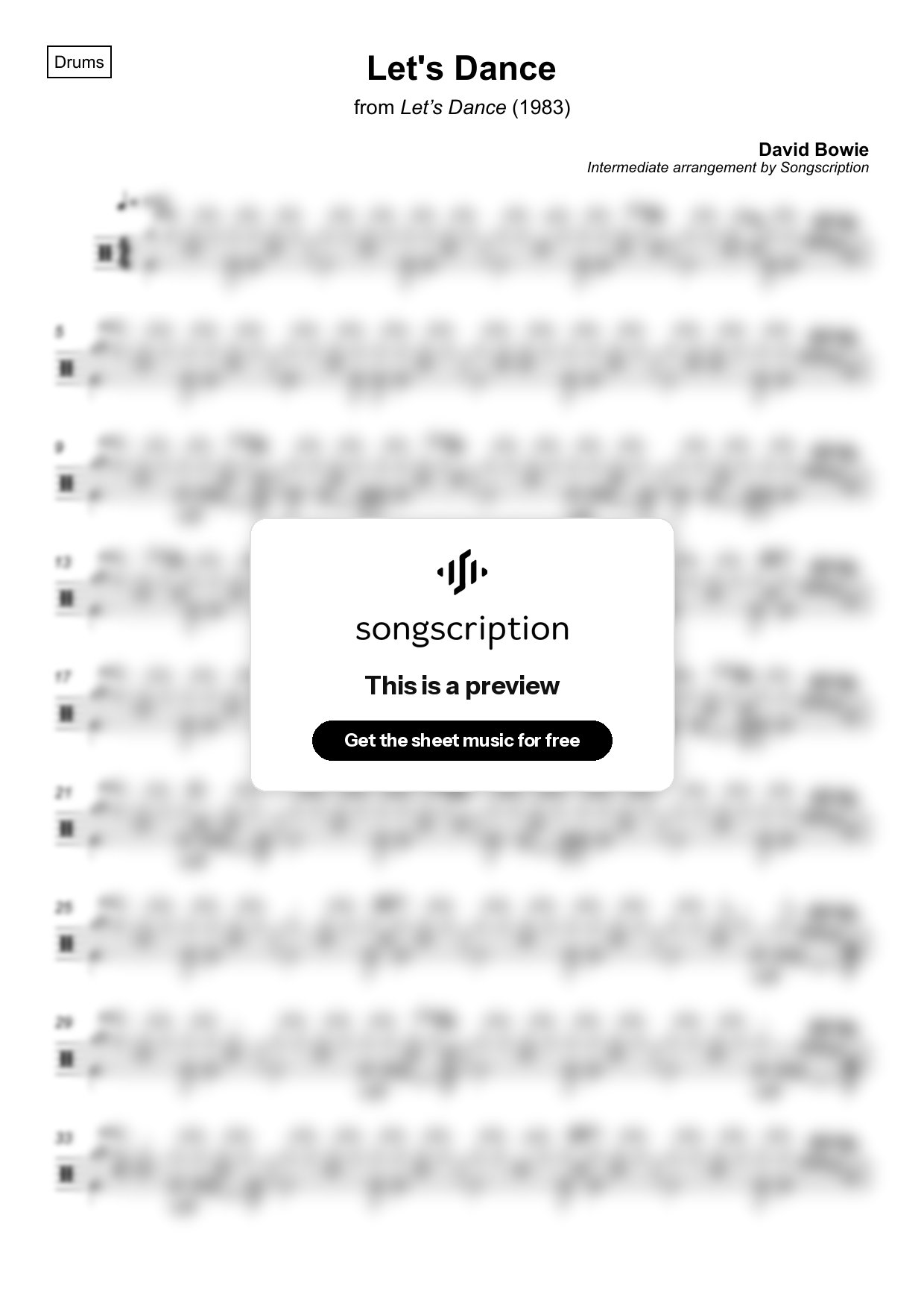 Intermediate Drums Sheet Music for "Let's Dance" by David Bowie