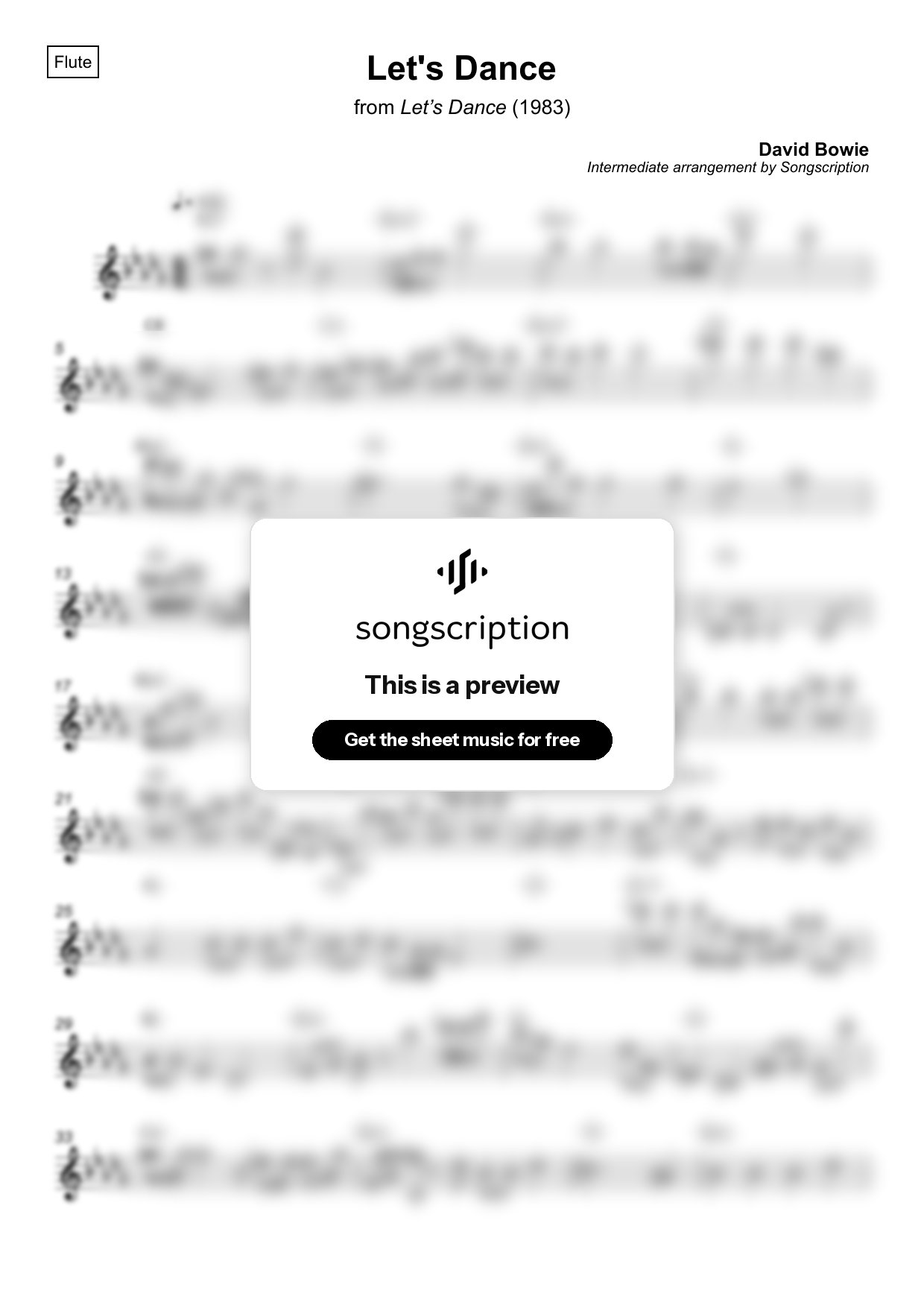 Intermediate Flute Sheet Music for "Let's Dance" by David Bowie