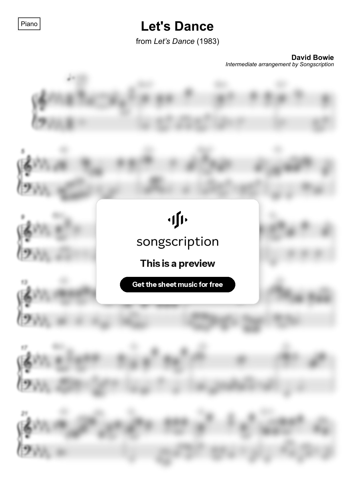 Intermediate Piano Sheet Music for "Let's Dance" by David Bowie