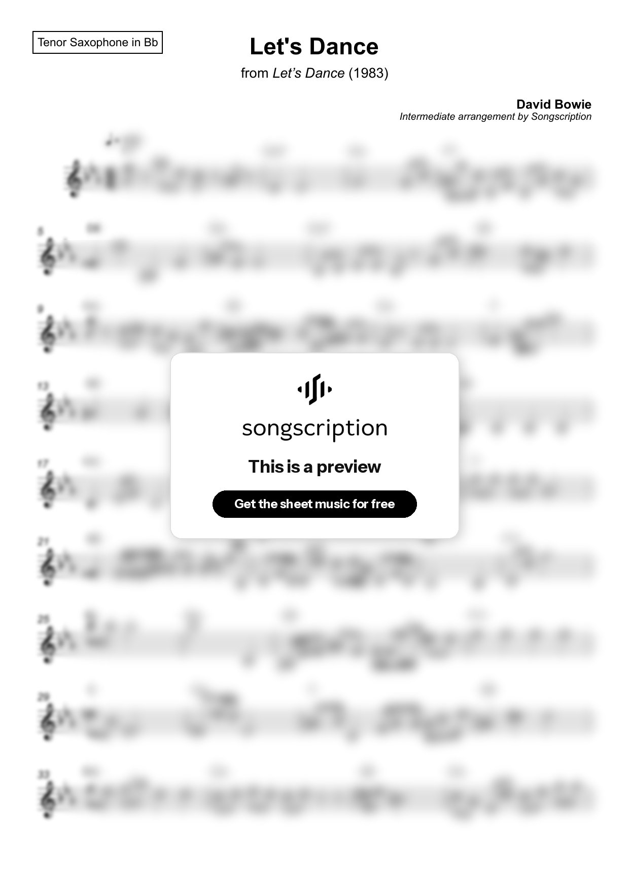 Intermediate Tenor Sax Sheet Music for "Let's Dance" by David Bowie