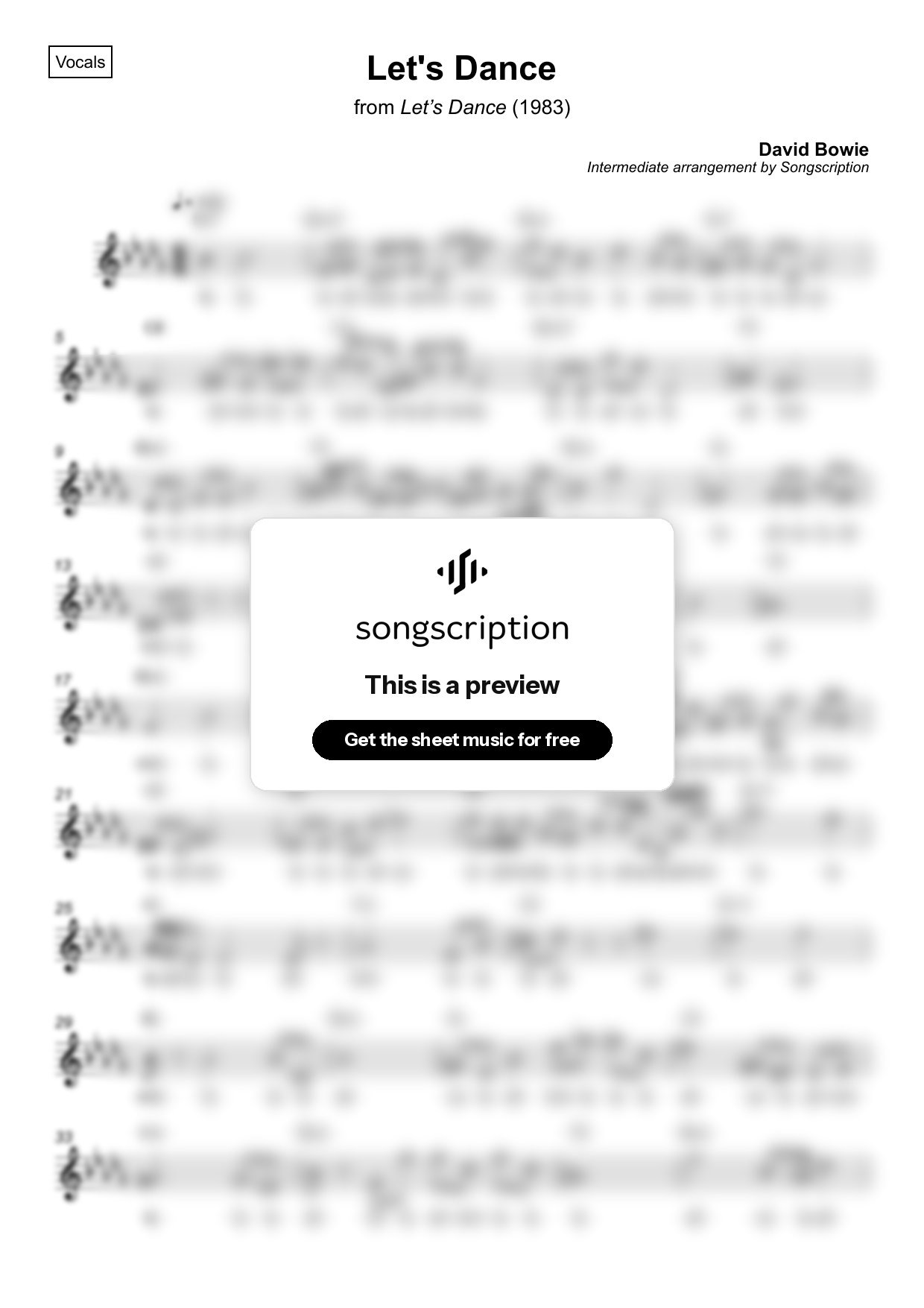 Intermediate Vocals Sheet Music for "Let's Dance" by David Bowie