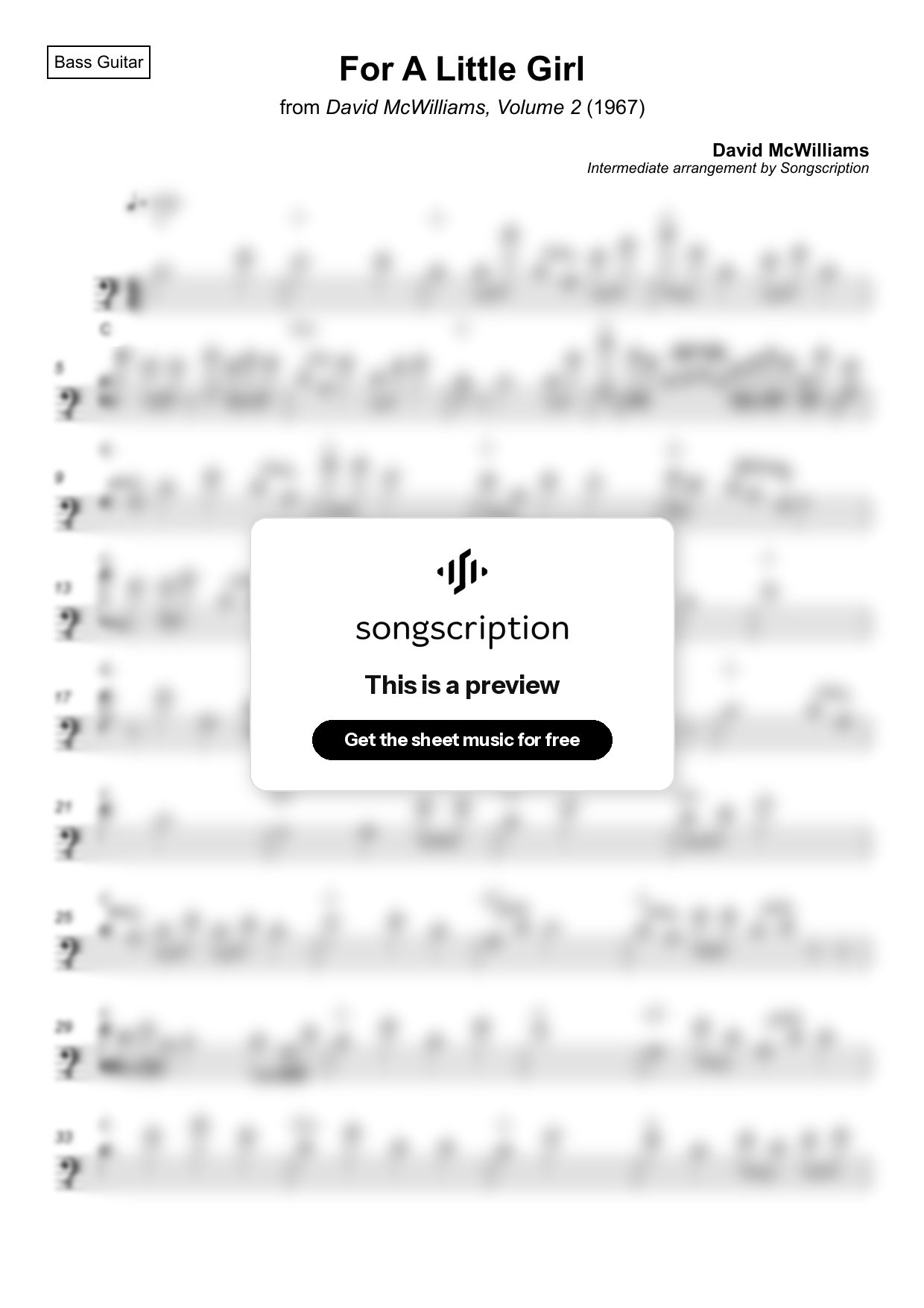 Intermediate Bass Guitar Sheet Music for "For A Little Girl" by David McWilliams