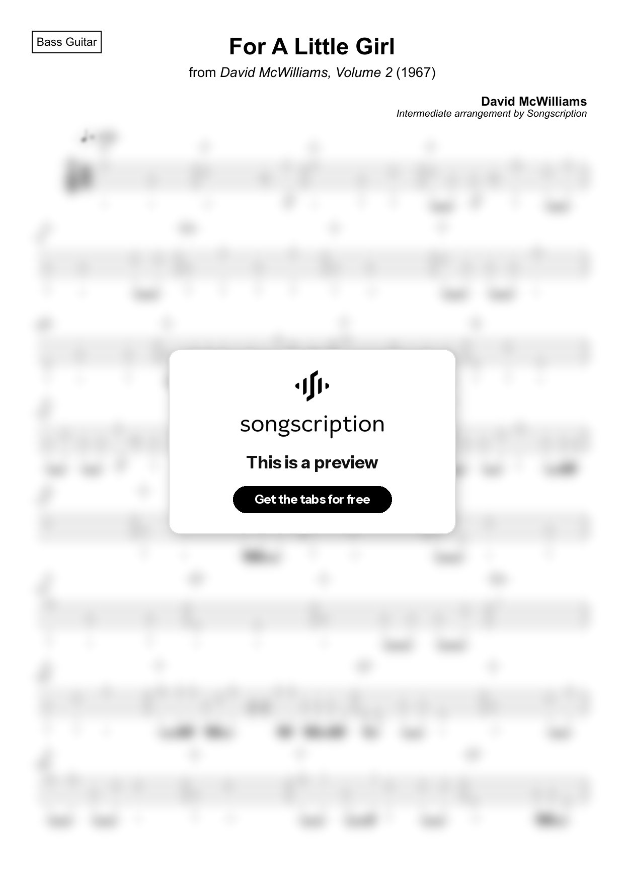 Intermediate Bass Guitar Tabs for "For A Little Girl" by David McWilliams