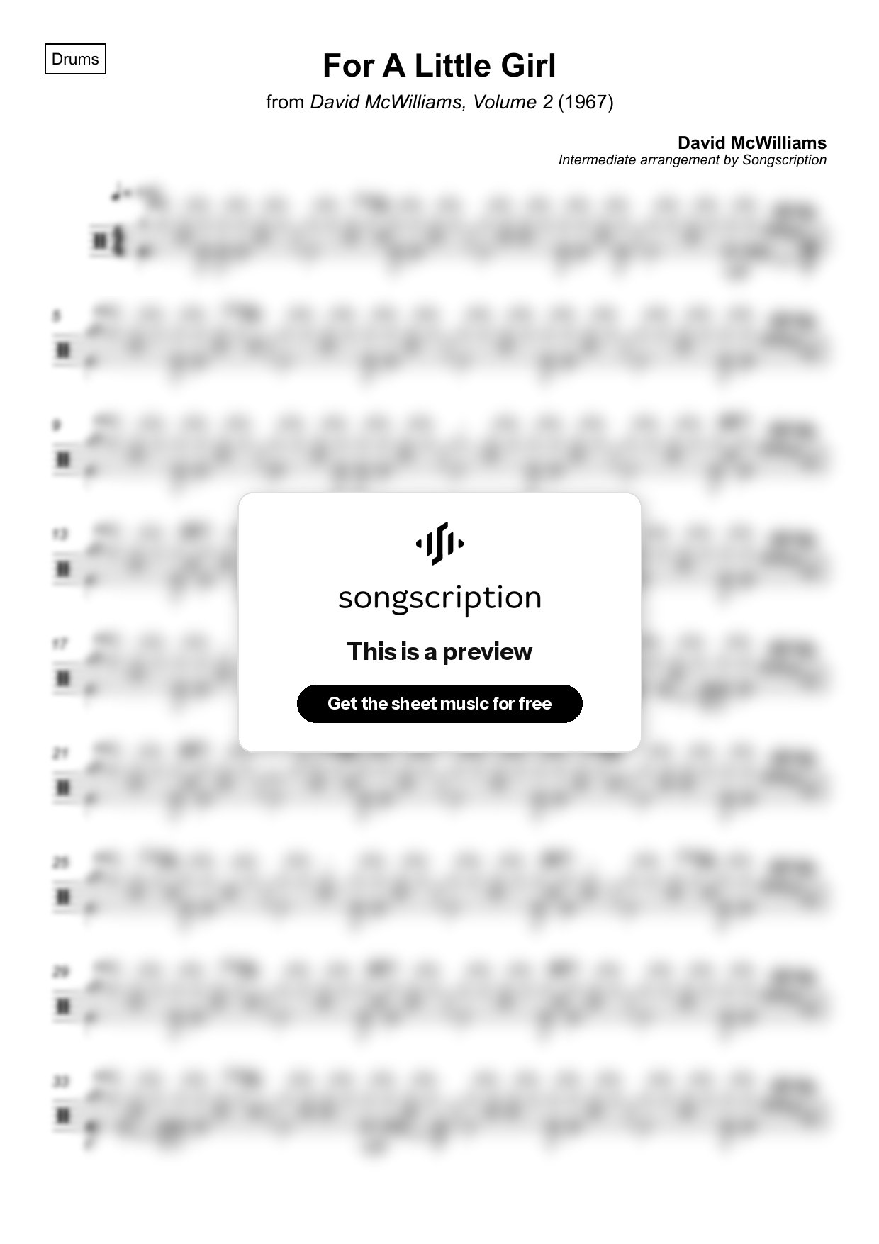 Intermediate Drums Sheet Music for "For A Little Girl" by David McWilliams