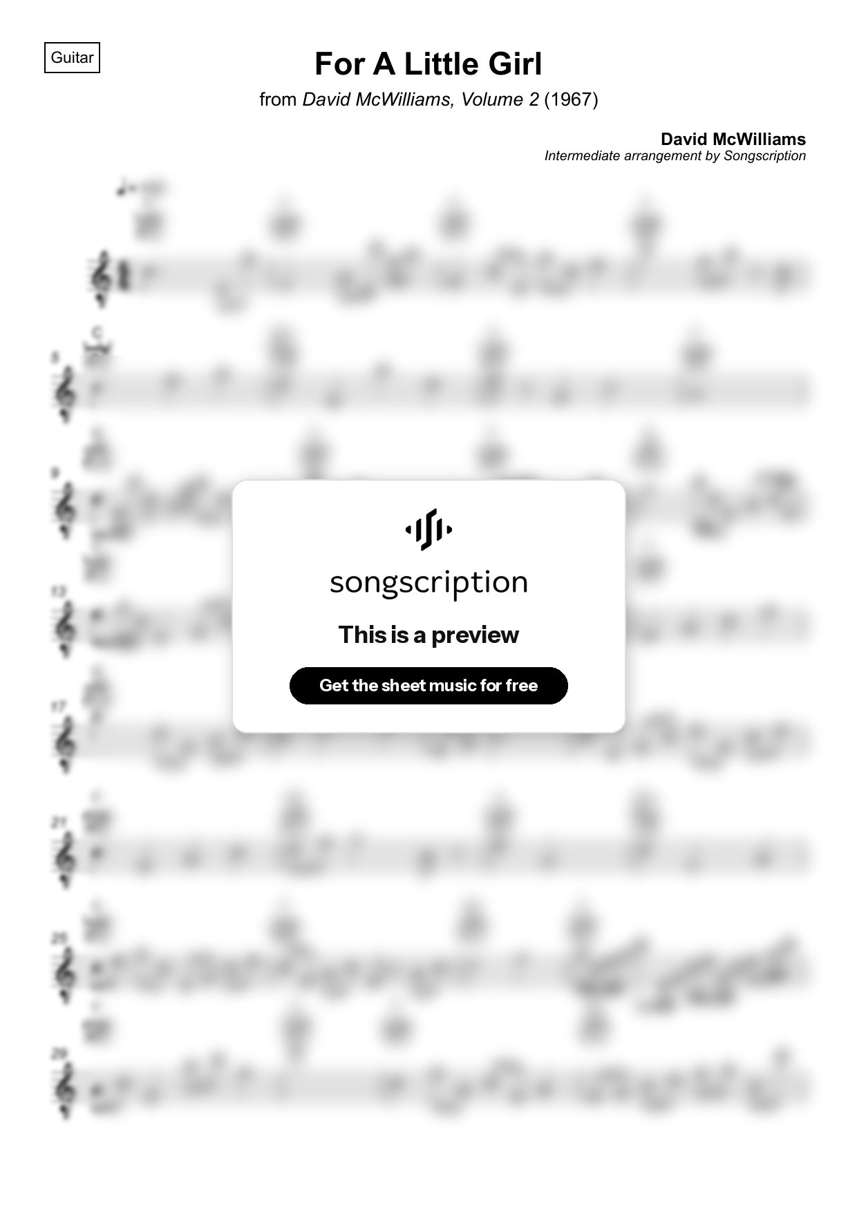 Intermediate Acoustic Guitar Sheet Music for "For A Little Girl" by David McWilliams