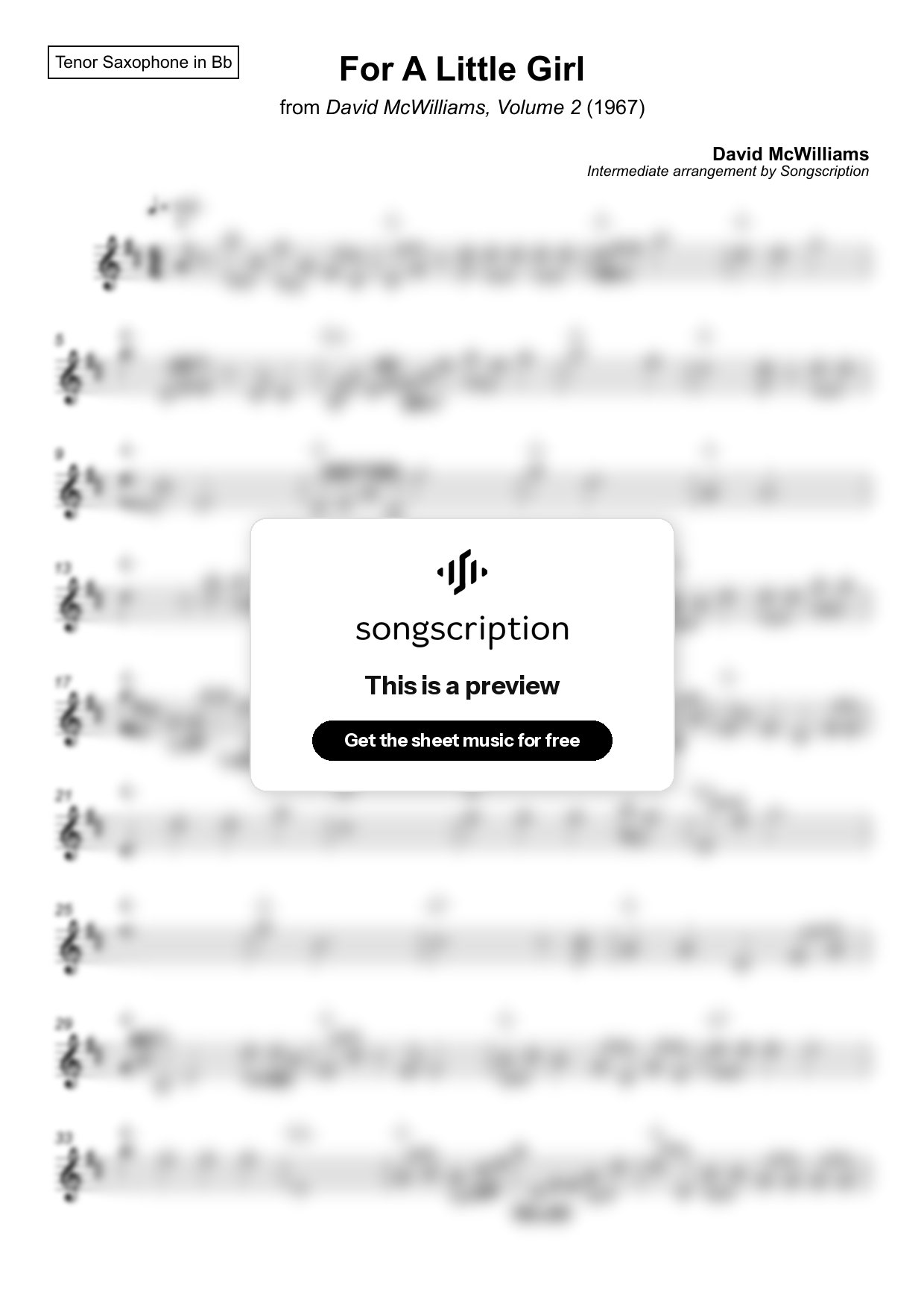 Intermediate Tenor Sax Sheet Music for "For A Little Girl" by David McWilliams