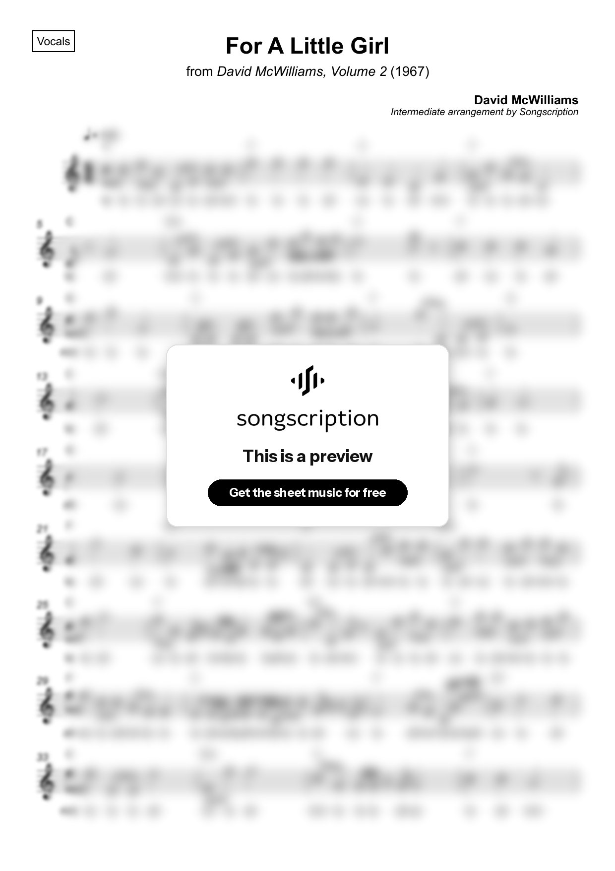 Intermediate Vocals Sheet Music for "For A Little Girl" by David McWilliams