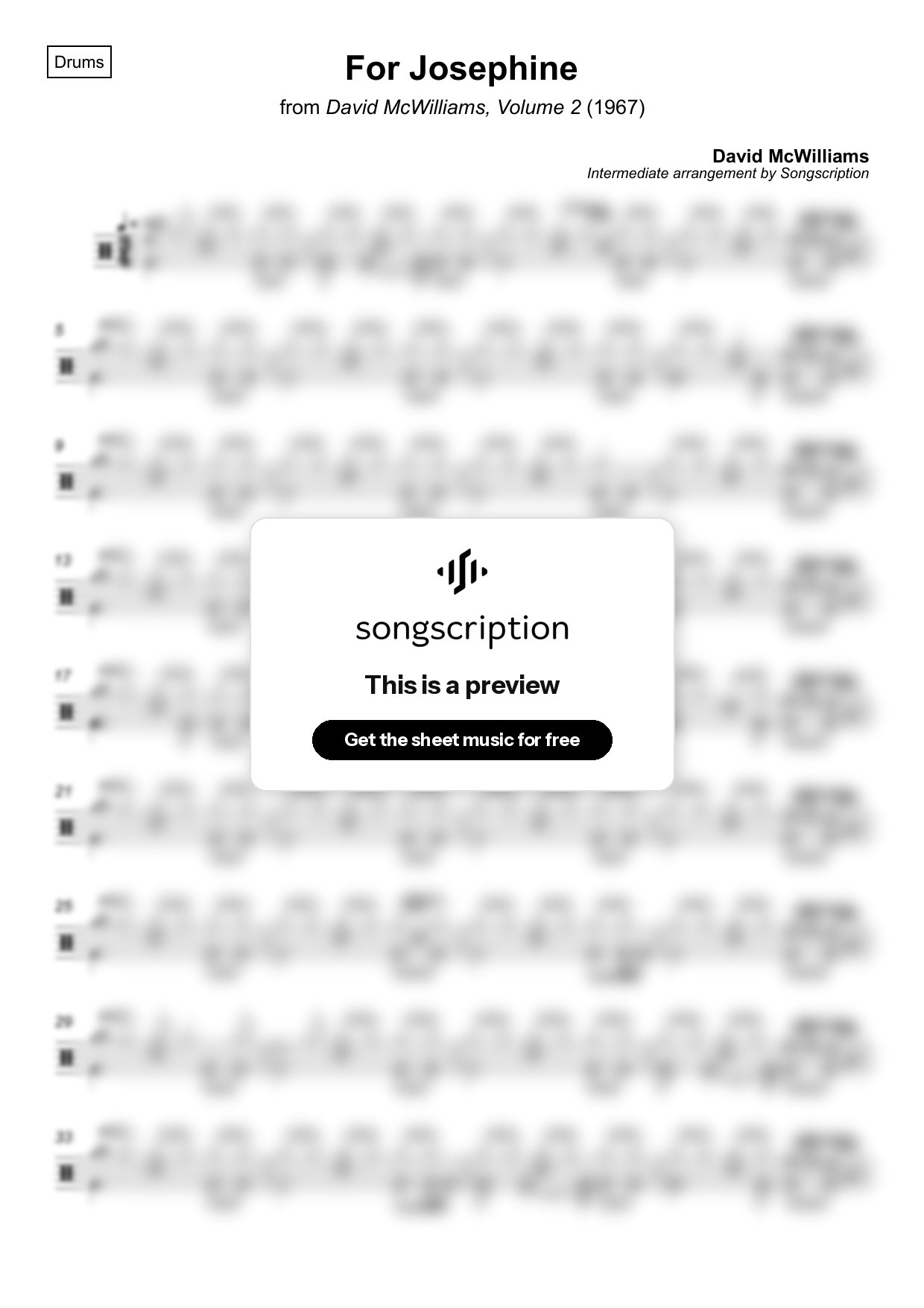 Intermediate Drums Sheet Music for "For Josephine" by David McWilliams