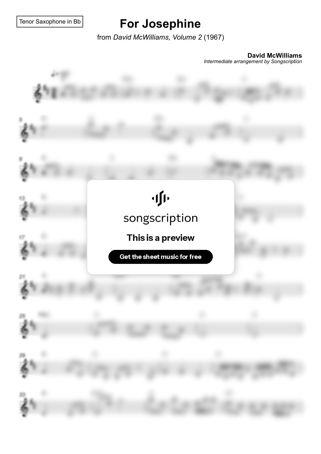 Intermediate Tenor Sax Sheet Music for "For Josephine" by David McWilliams
