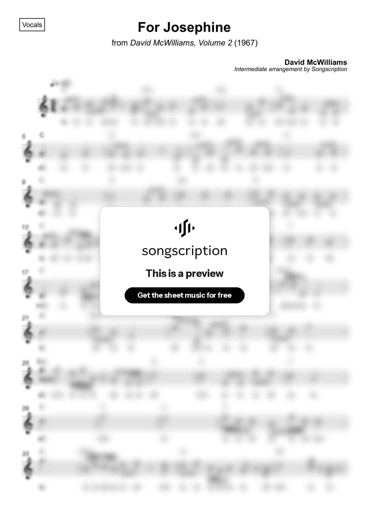 Intermediate Vocals Sheet Music for "For Josephine" by David McWilliams