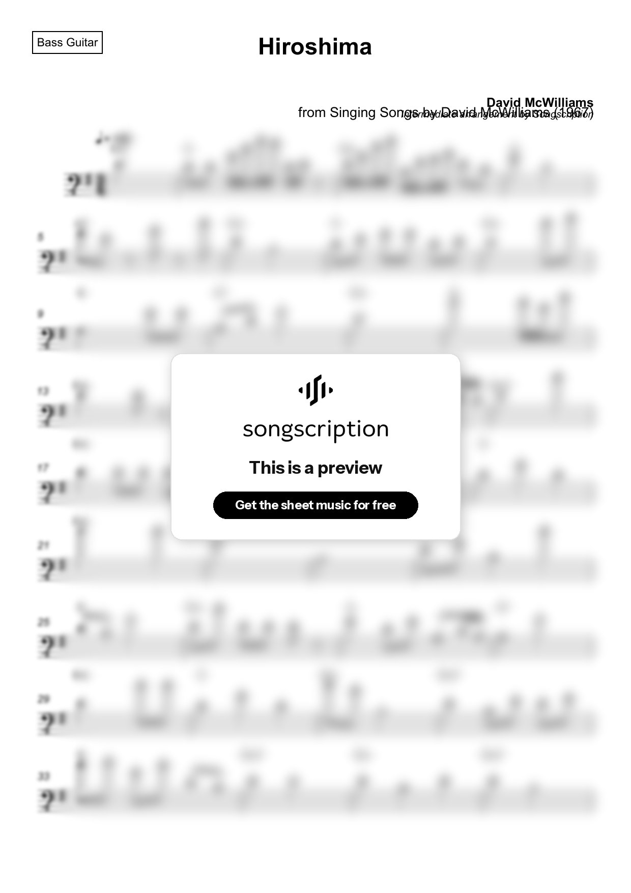 Intermediate Bass Guitar Sheet Music for "Hiroshima" by David McWilliams