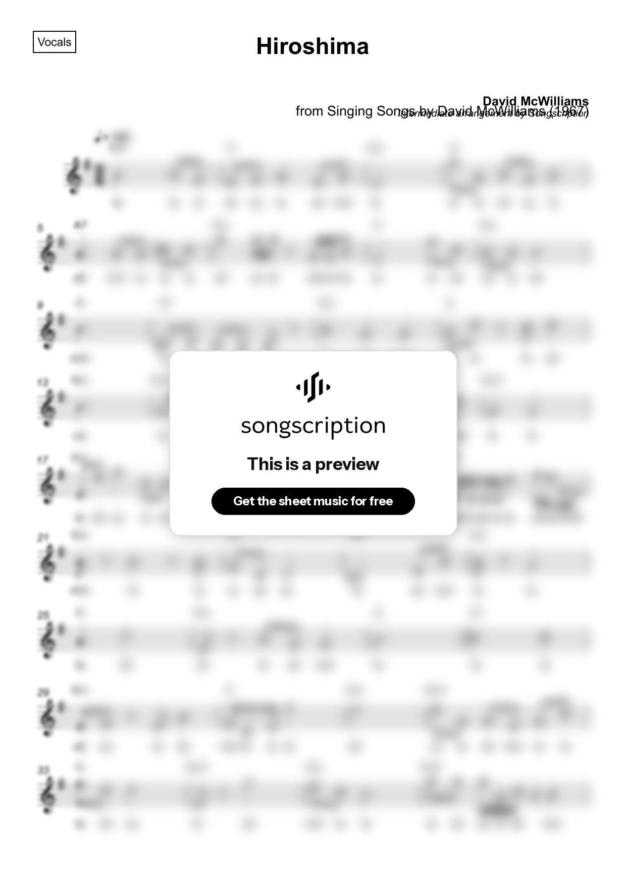 Intermediate Vocals Sheet Music for "Hiroshima" by David McWilliams