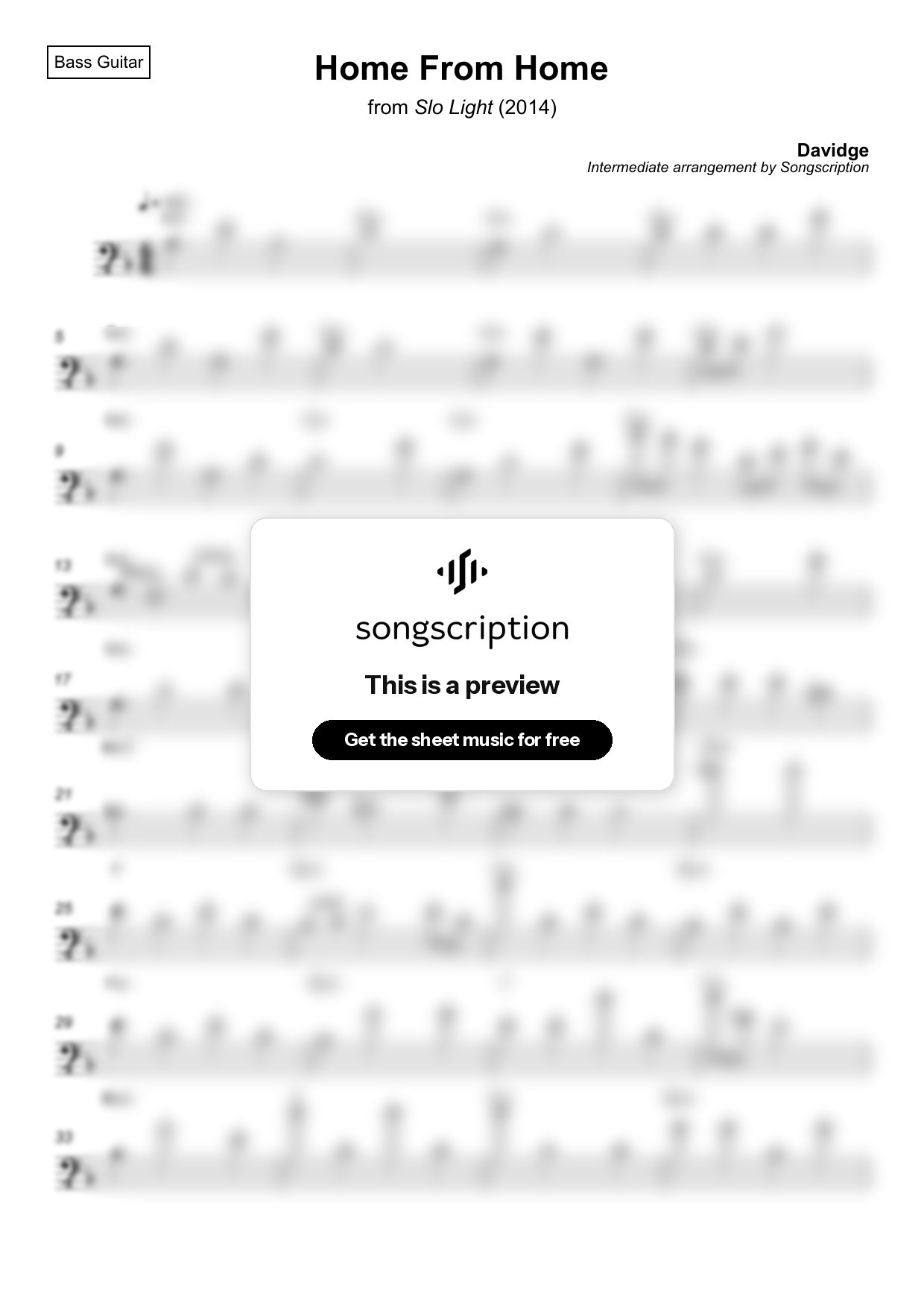 Intermediate Bass Guitar Sheet Music for "Home From Home" by Davidge