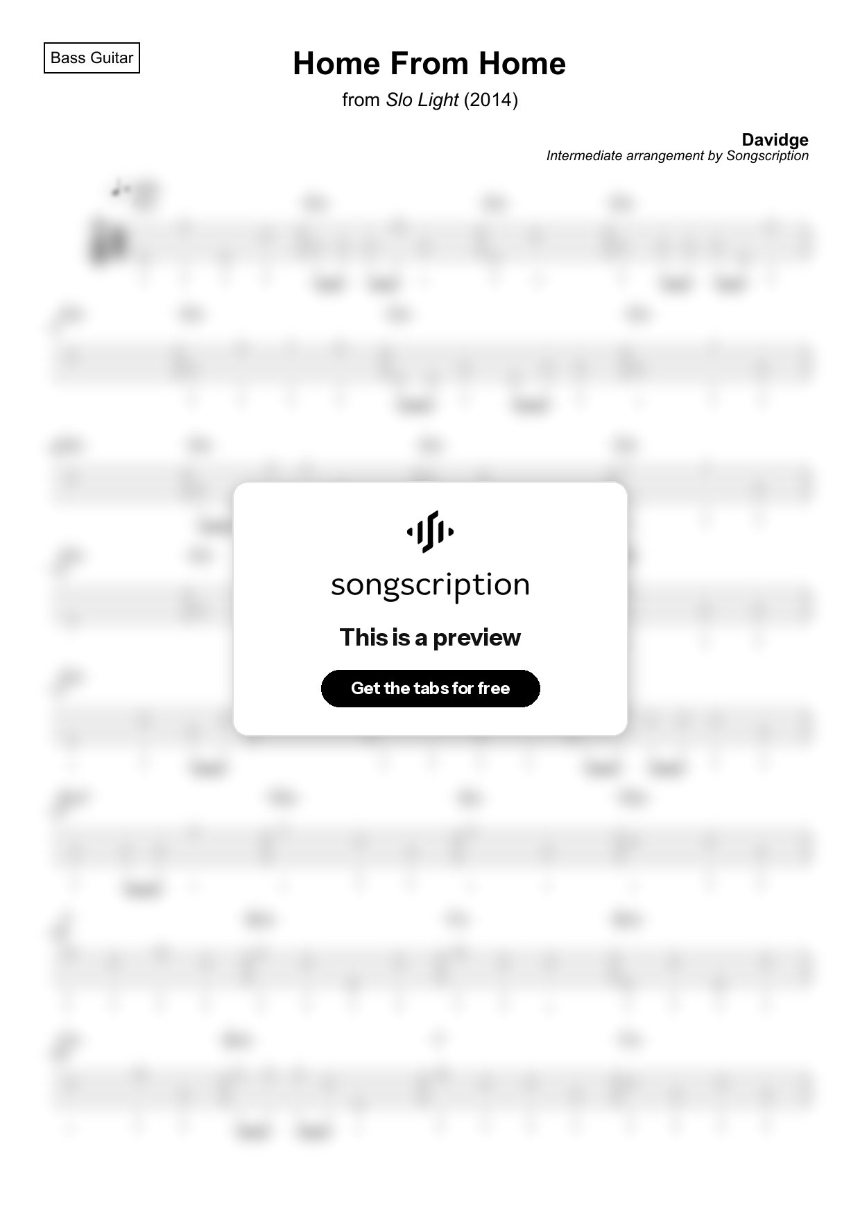 Intermediate Bass Guitar Tabs for "Home From Home" by Davidge