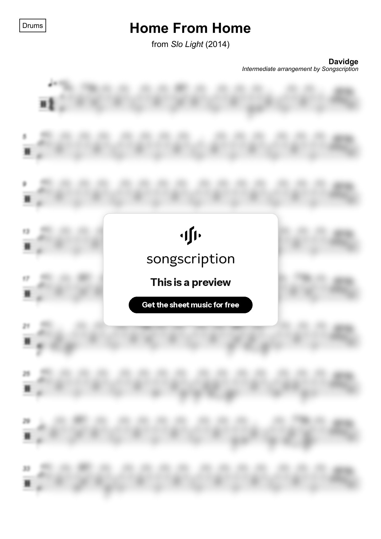 Intermediate Drums Sheet Music for "Home From Home" by Davidge