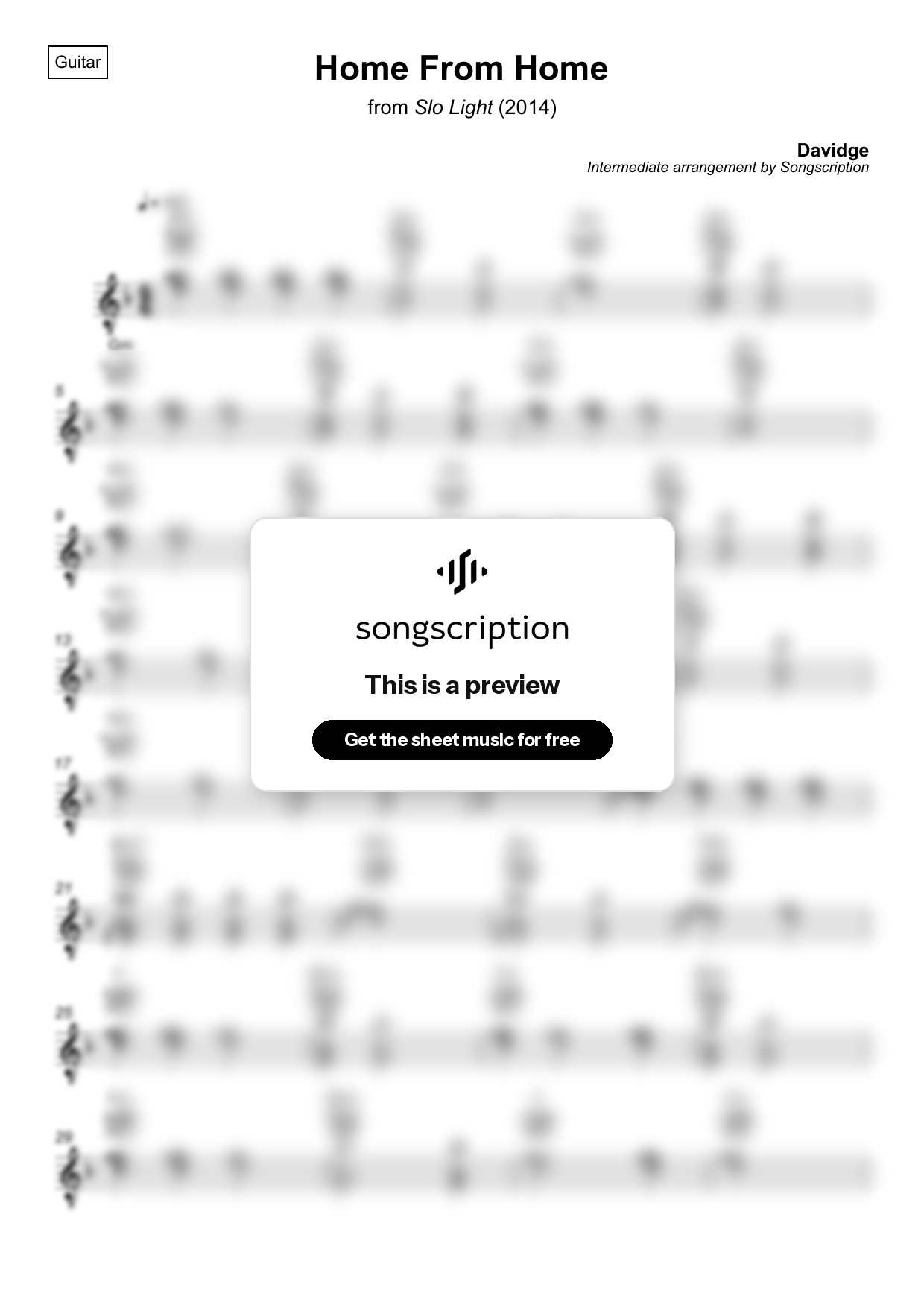 Intermediate Acoustic Guitar Sheet Music for "Home From Home" by Davidge