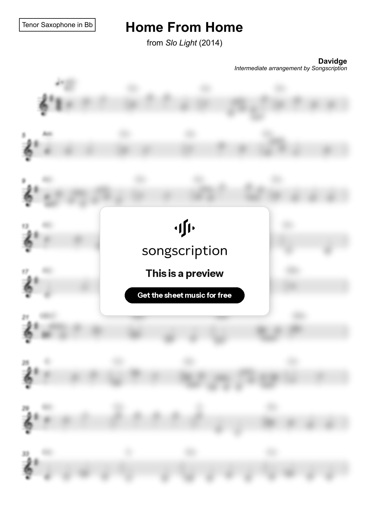 Intermediate Tenor Sax Sheet Music for "Home From Home" by Davidge
