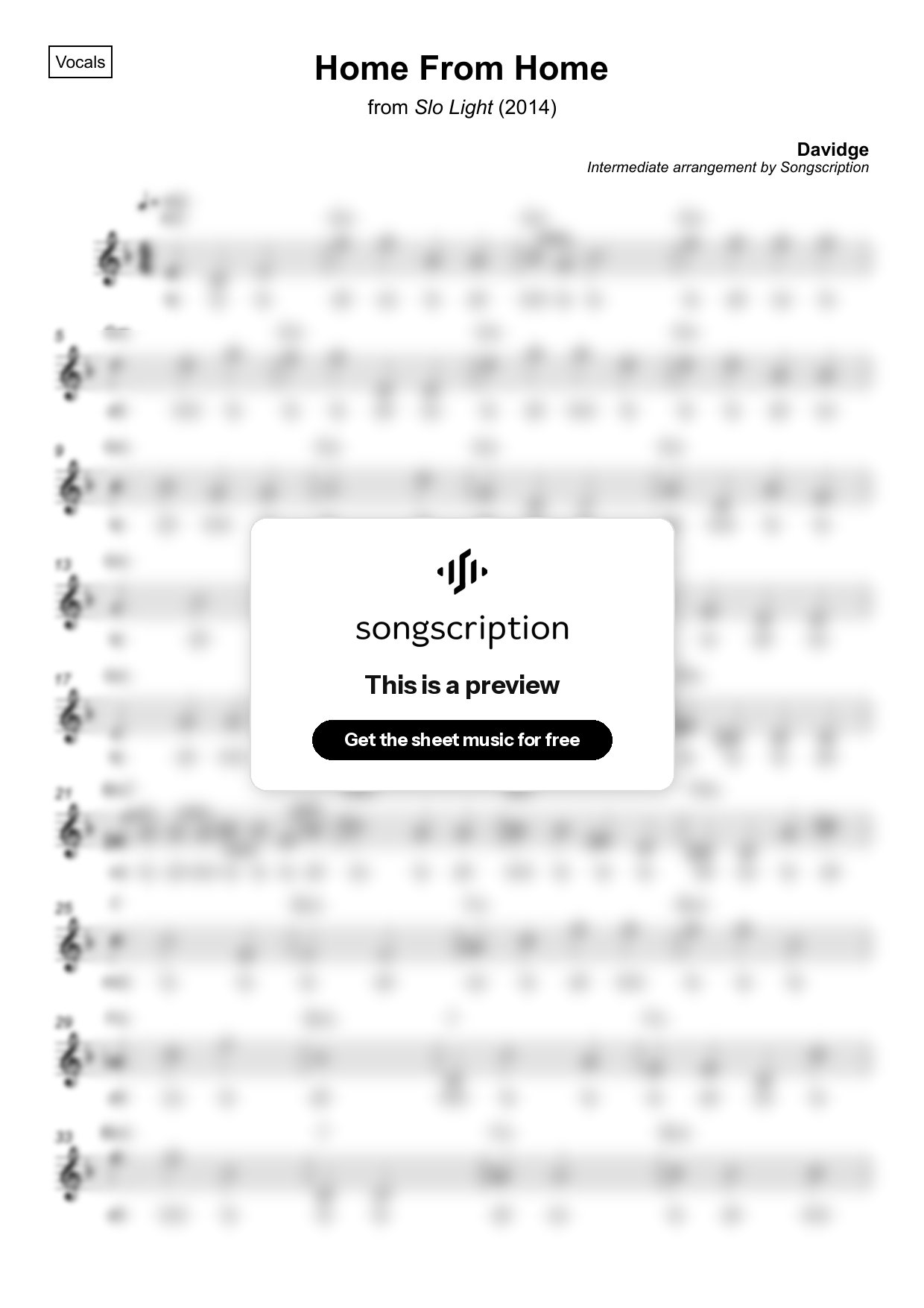 Intermediate Vocals Sheet Music for "Home From Home" by Davidge