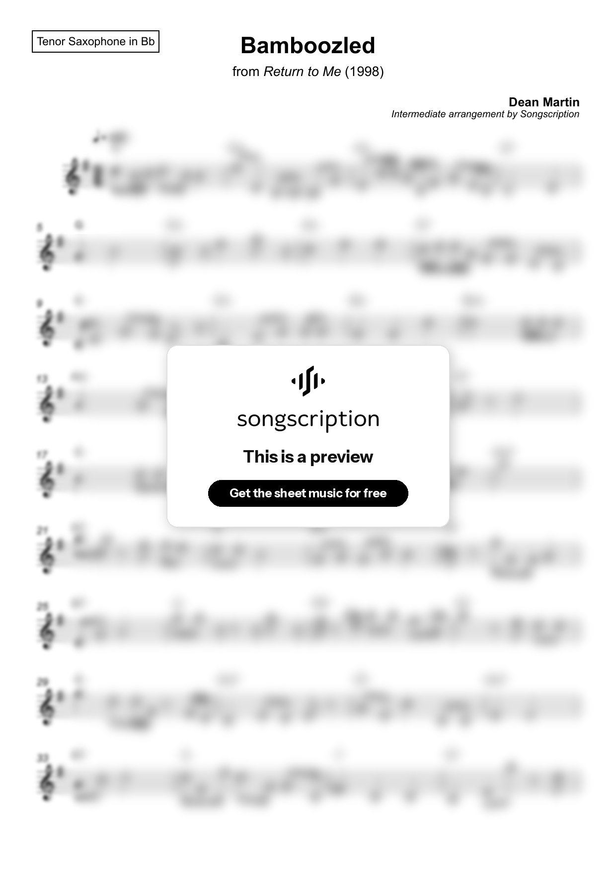 Intermediate Tenor Sax Sheet Music for "Bamboozled" by Dean Martin