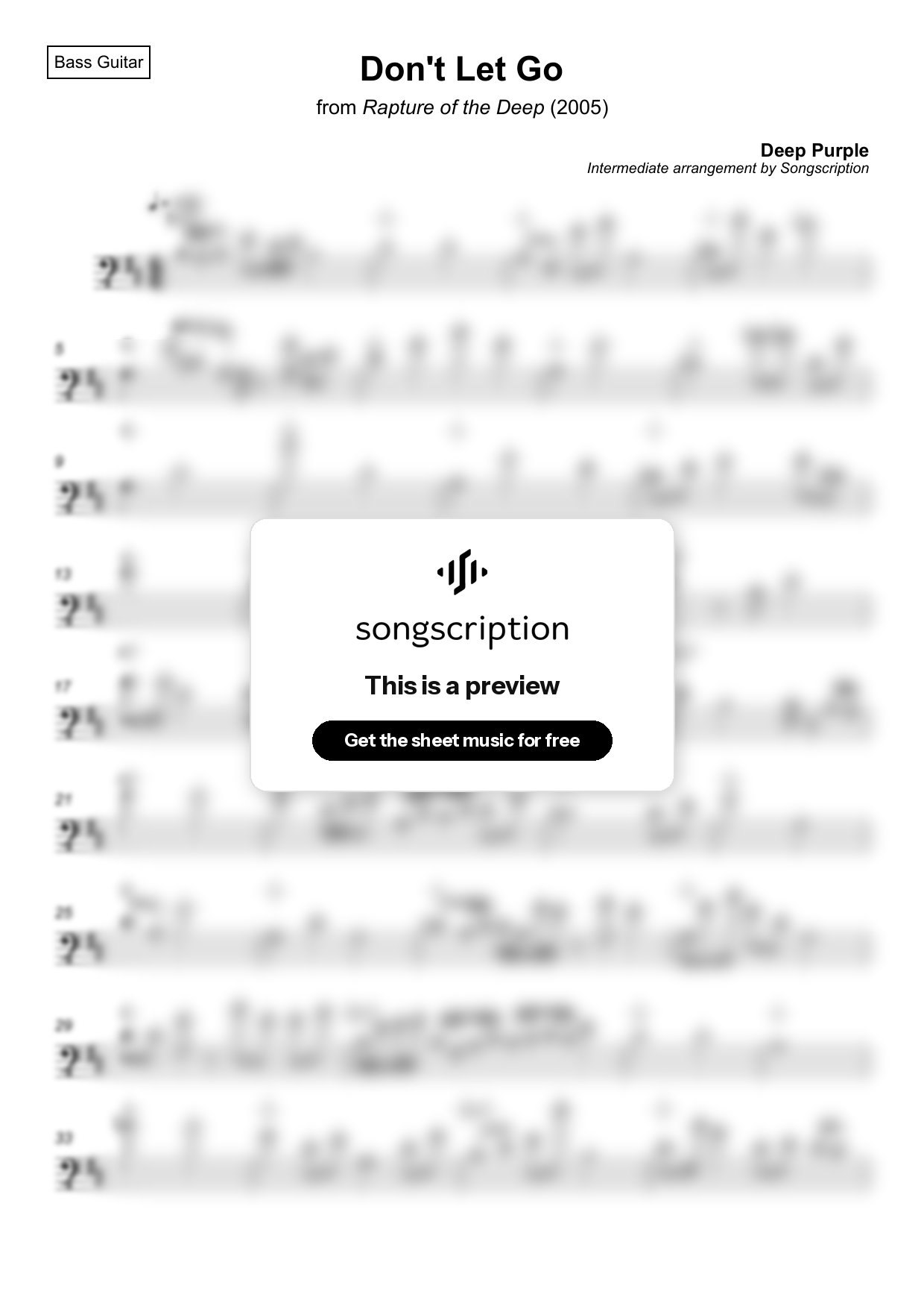 Intermediate Bass Guitar Sheet Music for "Don't Let Go" by Deep Purple