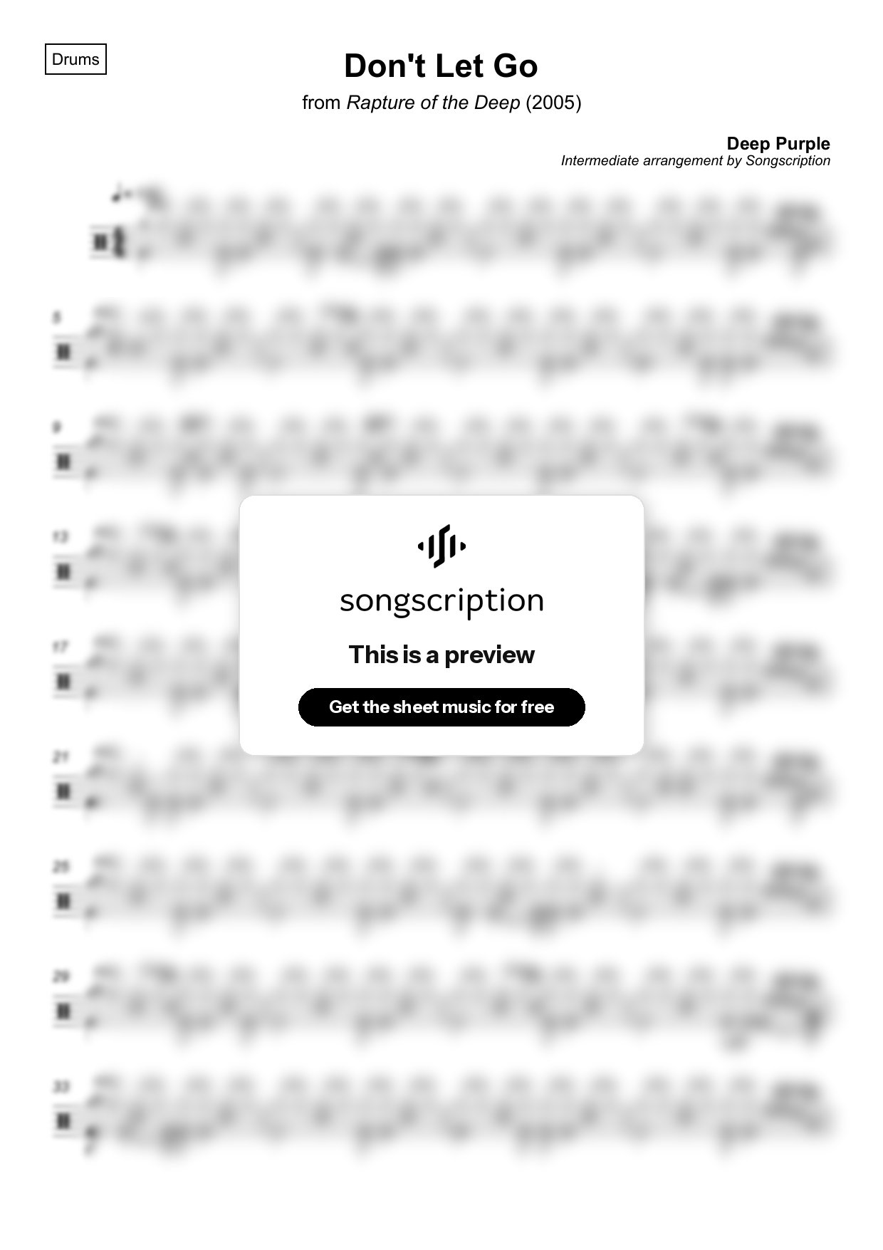 Intermediate Drums Sheet Music for "Don't Let Go" by Deep Purple