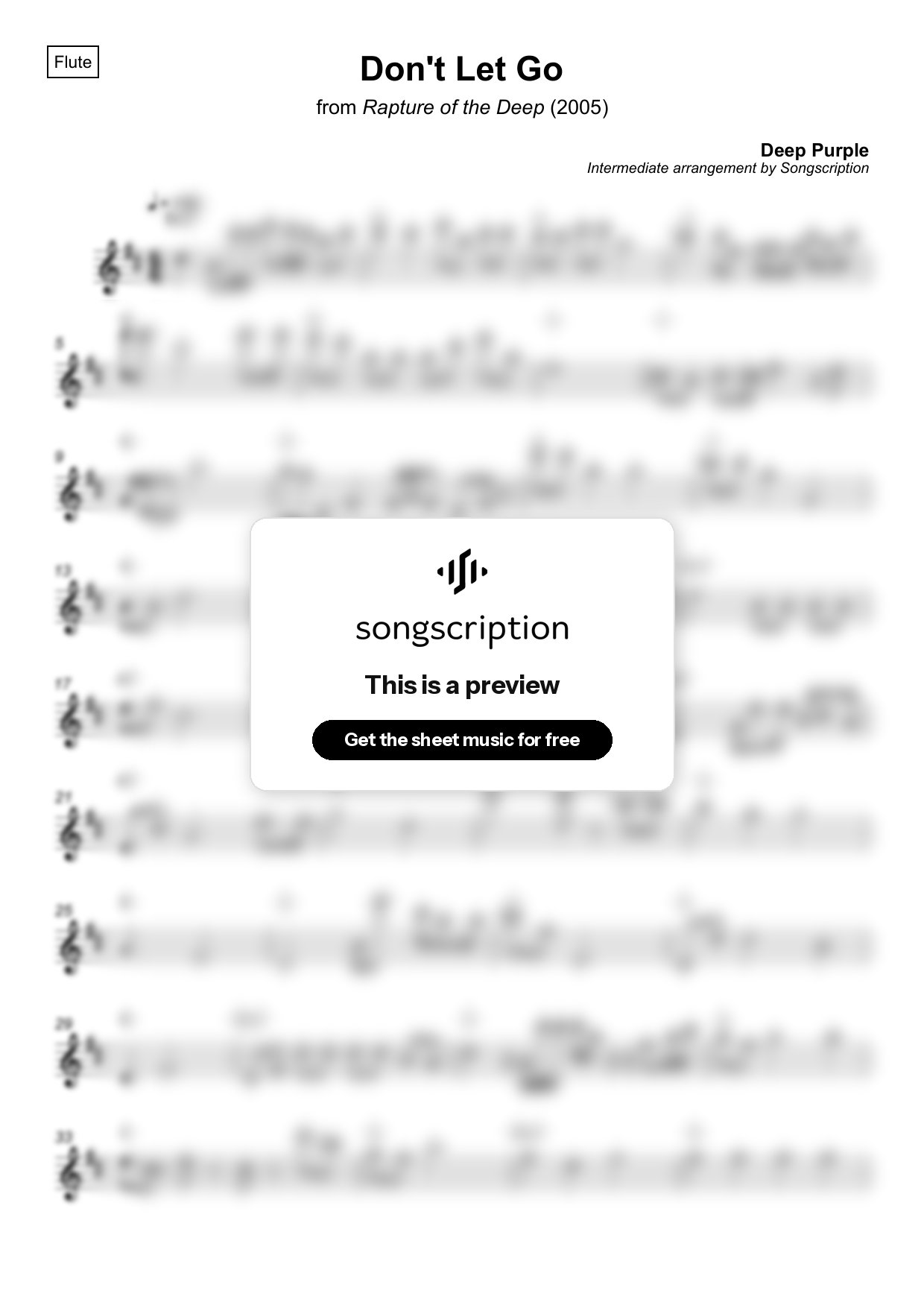 Intermediate Flute Sheet Music for "Don't Let Go" by Deep Purple