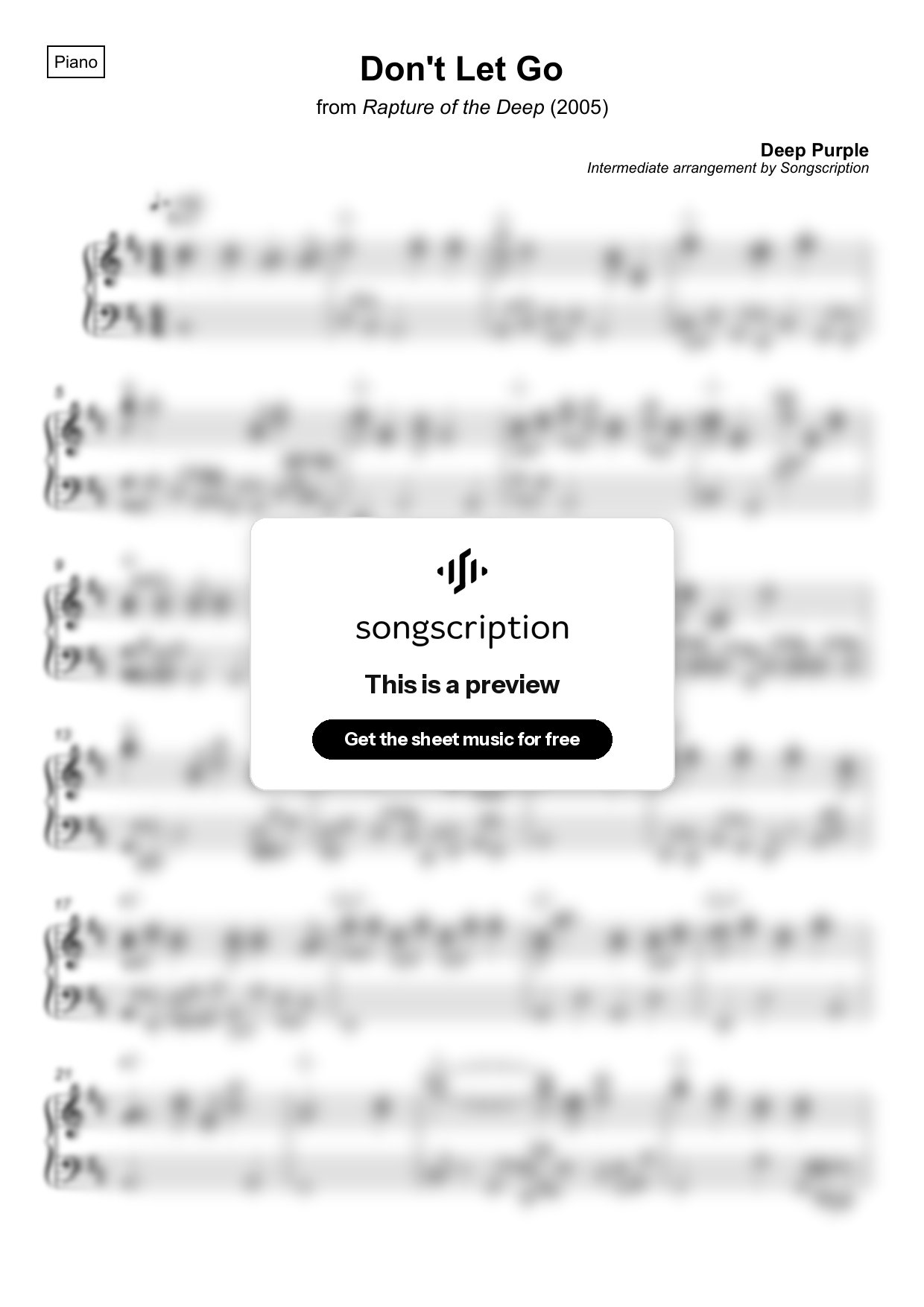 Intermediate Piano Sheet Music for "Don't Let Go" by Deep Purple