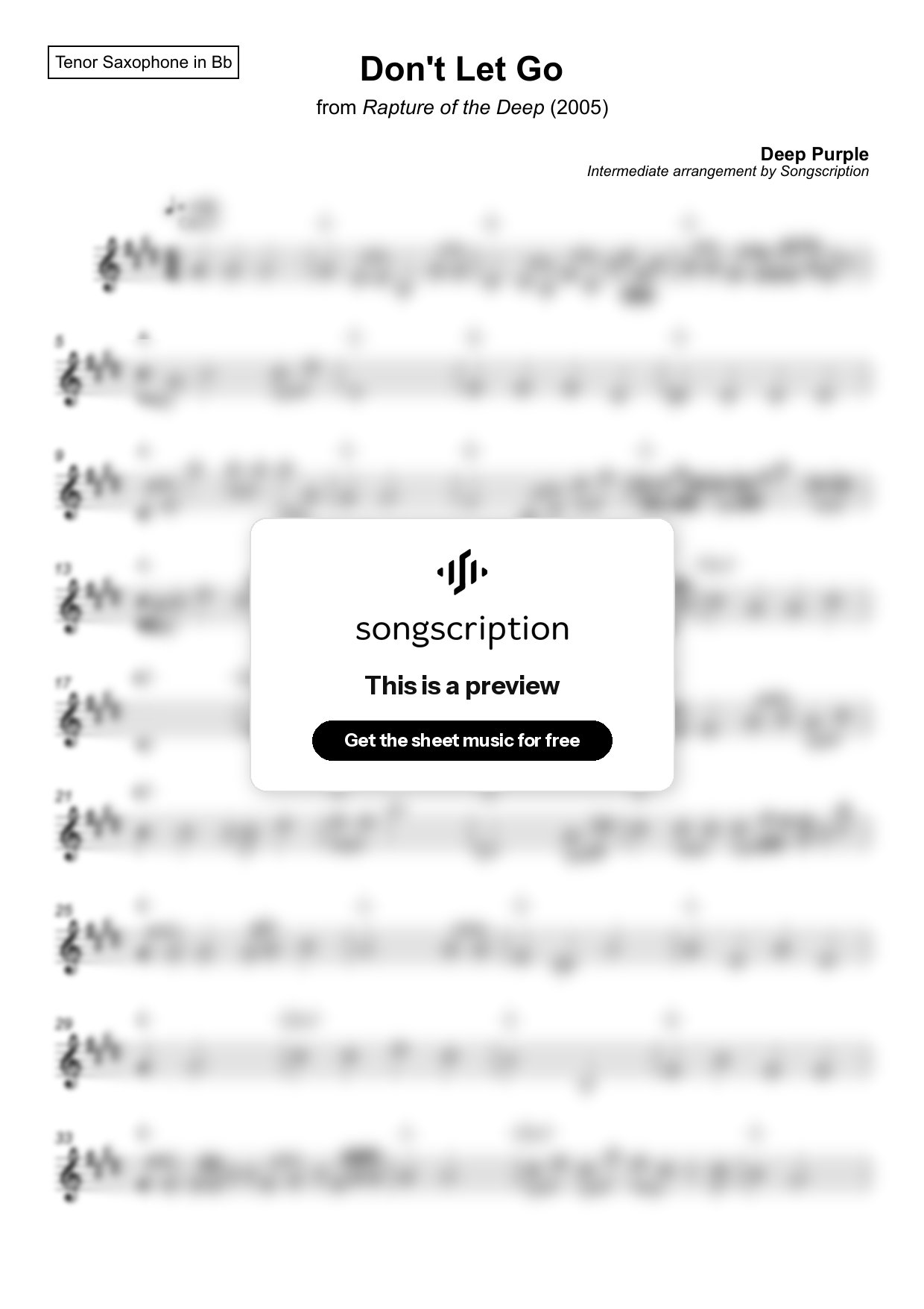 Intermediate Tenor Sax Sheet Music for "Don't Let Go" by Deep Purple