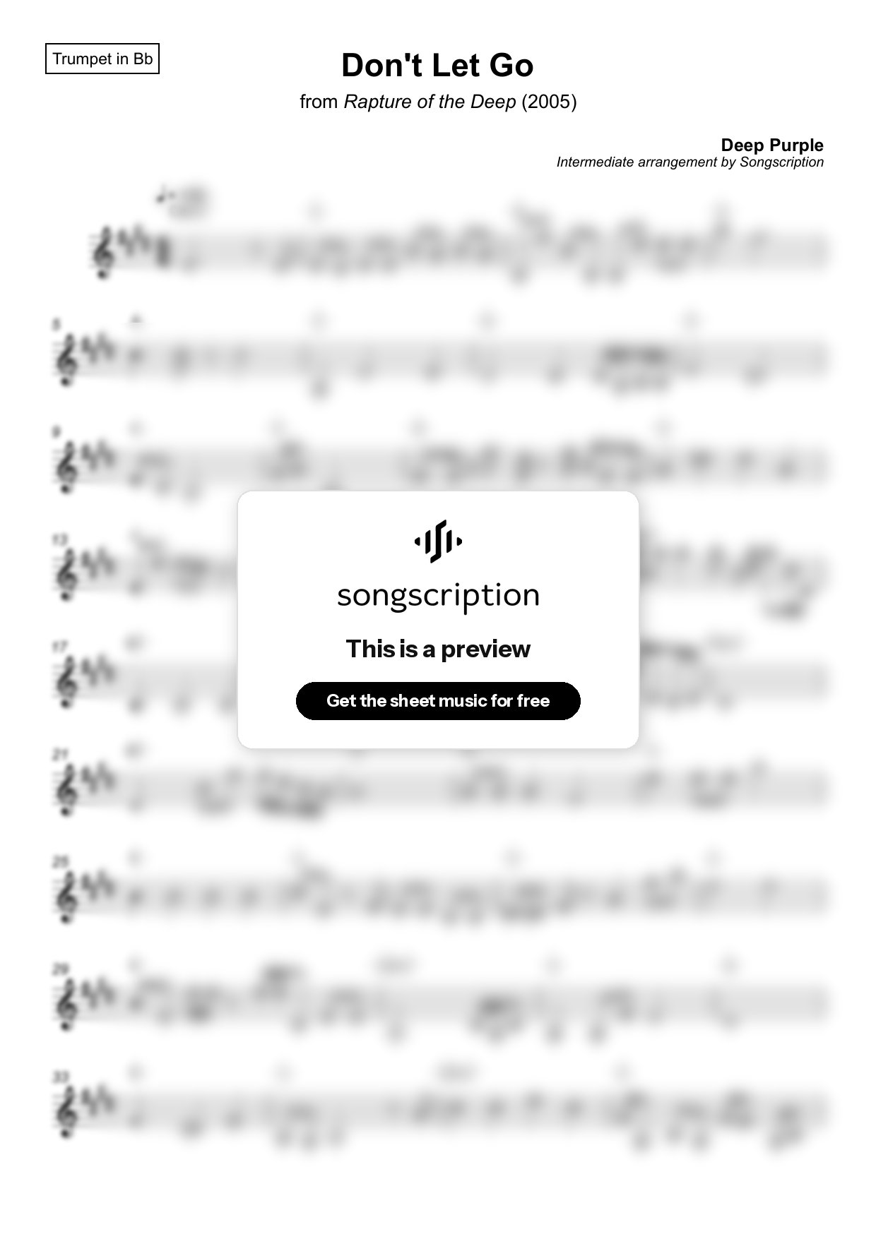 Intermediate Trumpet Sheet Music for "Don't Let Go" by Deep Purple