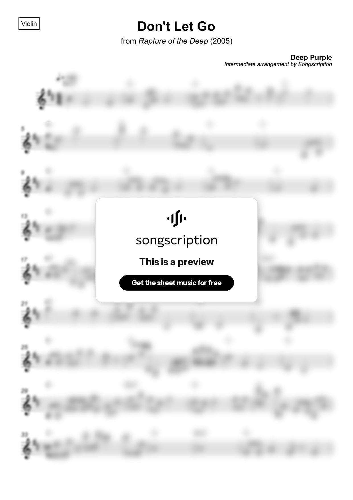 Intermediate Violin Sheet Music for "Don't Let Go" by Deep Purple